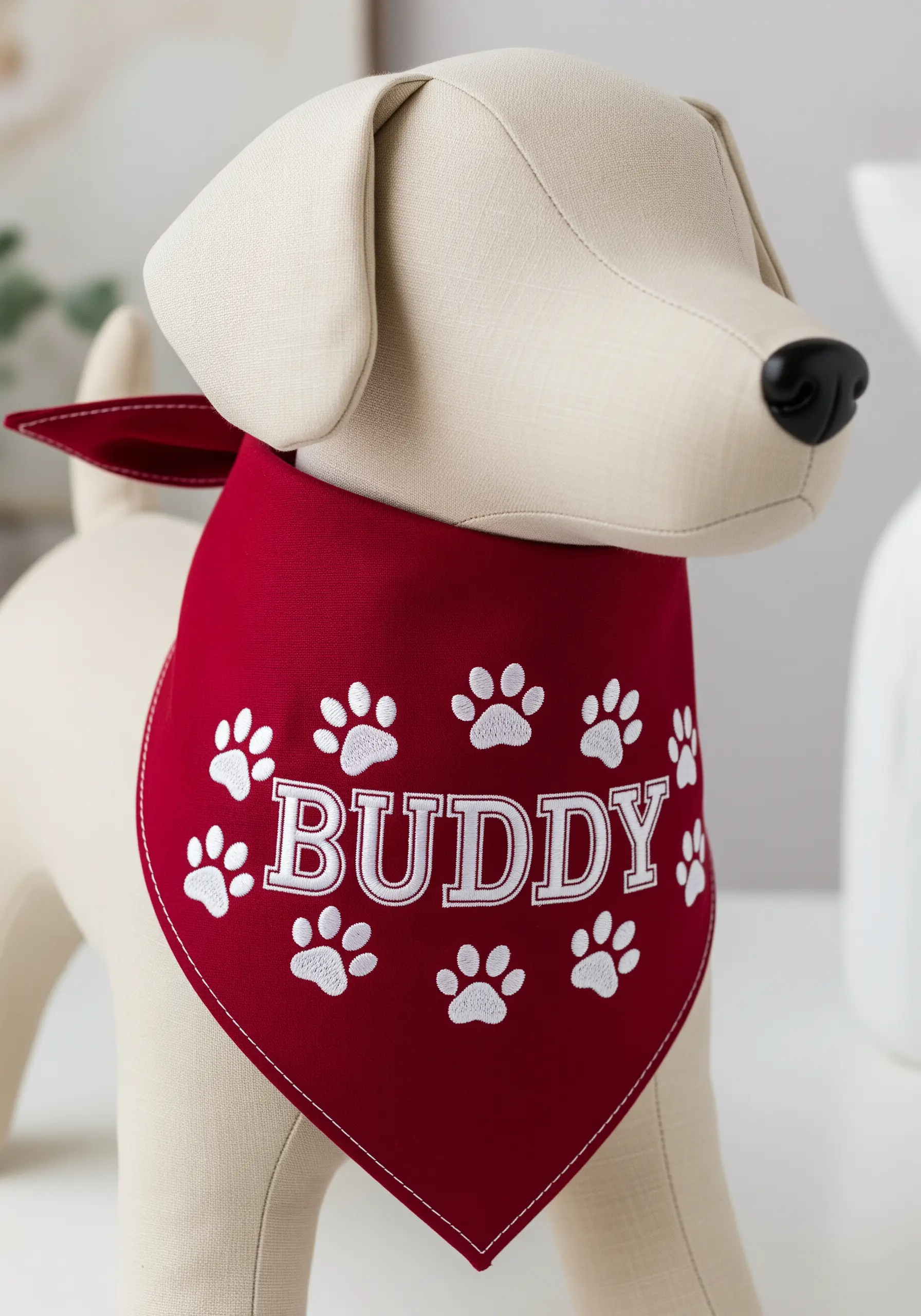 A red dog bandana with the name 'Buddy' and white paw prints embroidered on it.