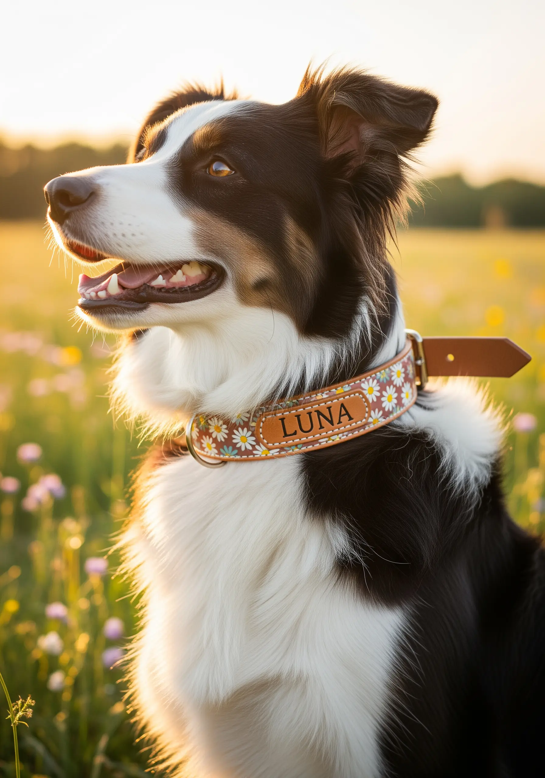 A border collie wearing a leather collar embroidered with its name and a pattern of daisies.