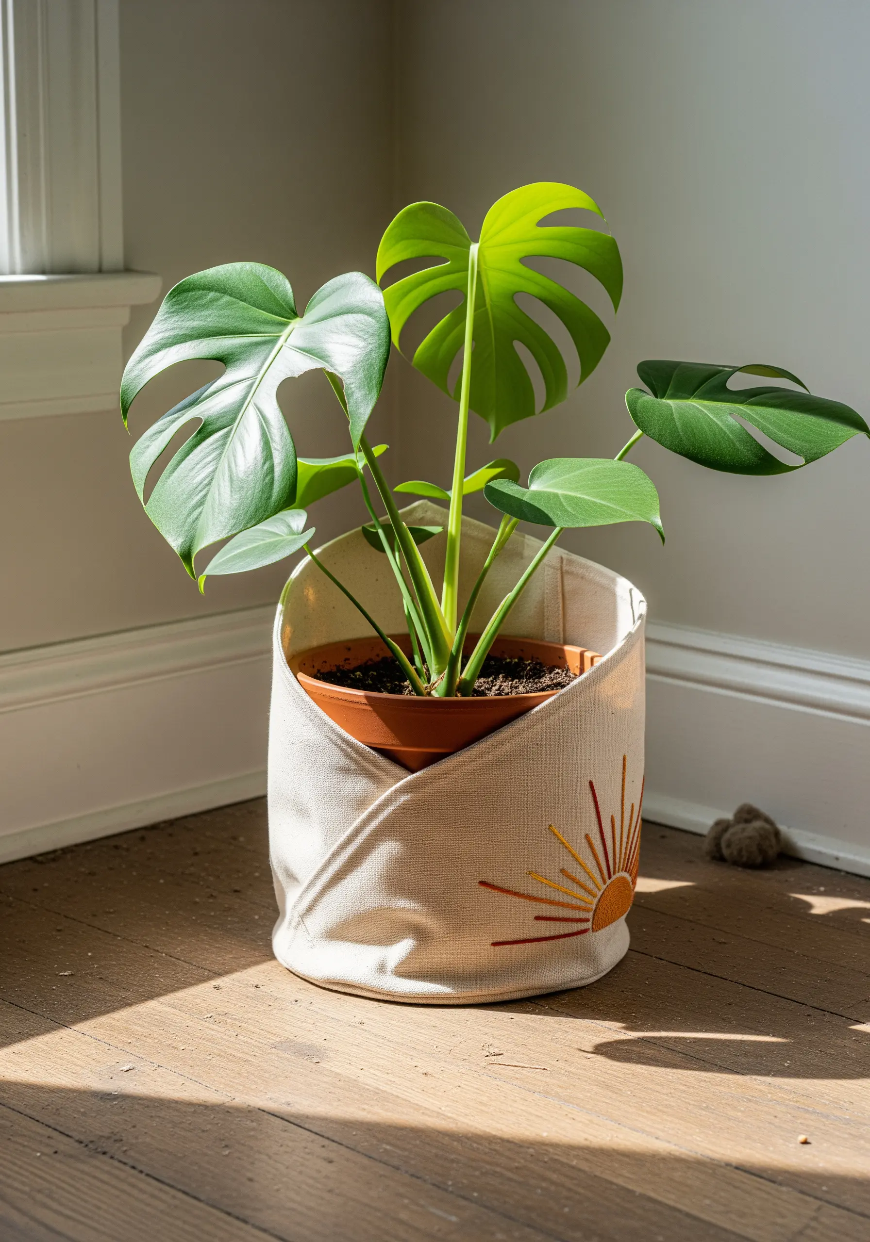 A minimalist sunrise with radiating lines embroidered on a canvas plant pot cover.