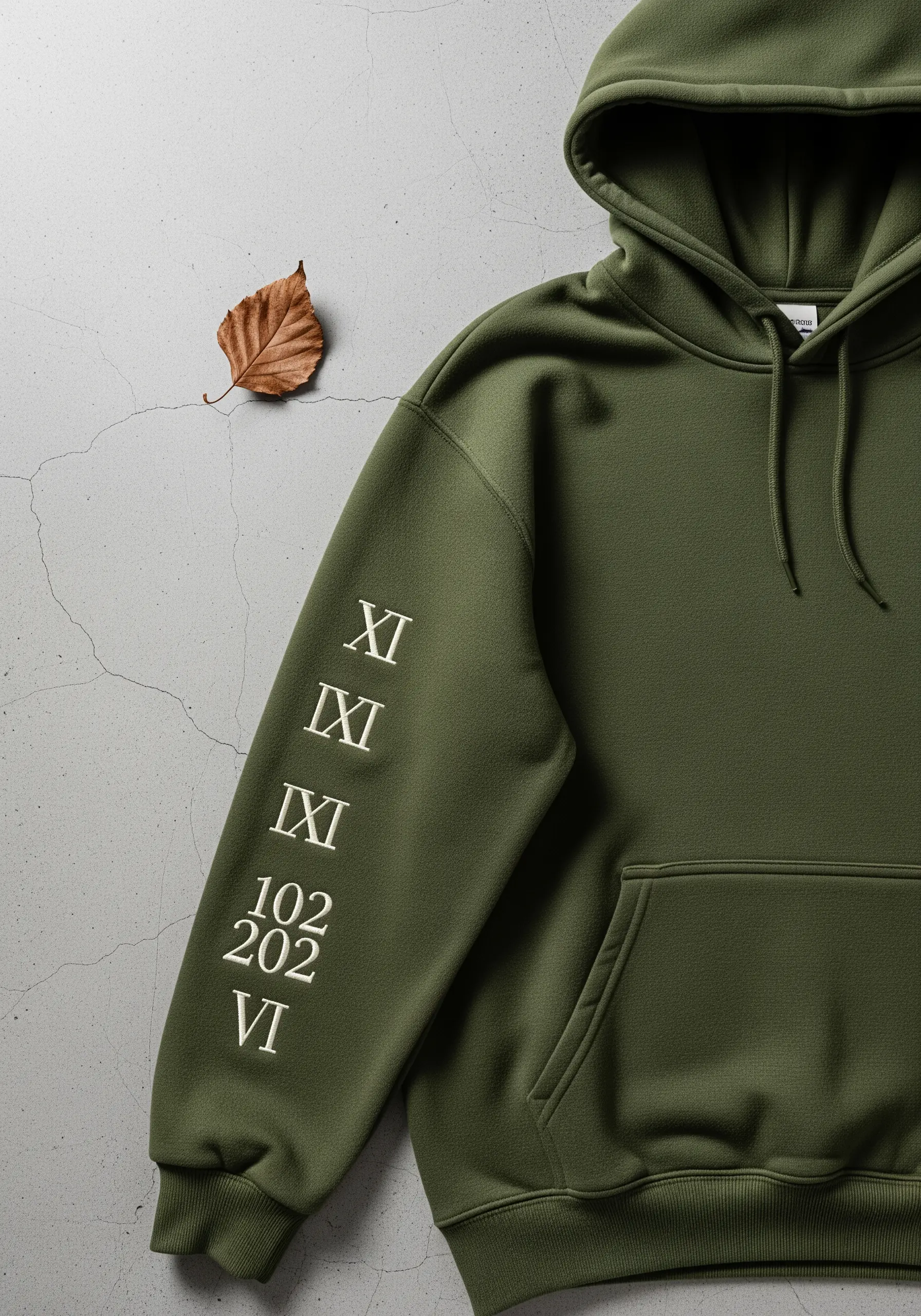 A significant date in Roman numerals embroidered in white thread on an olive green hoodie sleeve.