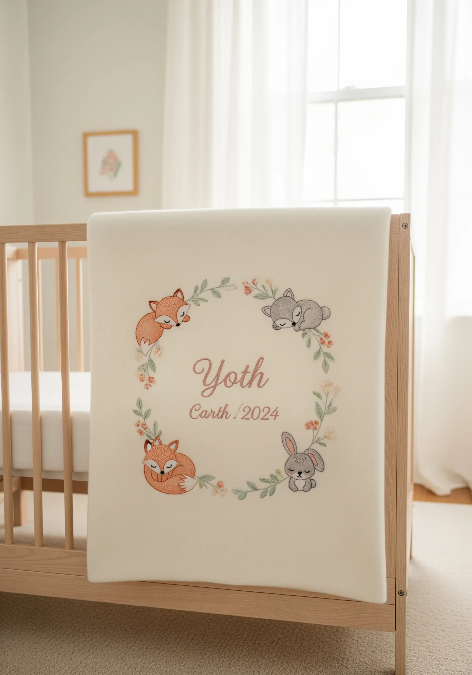 A soft cream baby blanket embroidered with a wreath of woodland animals and a name.