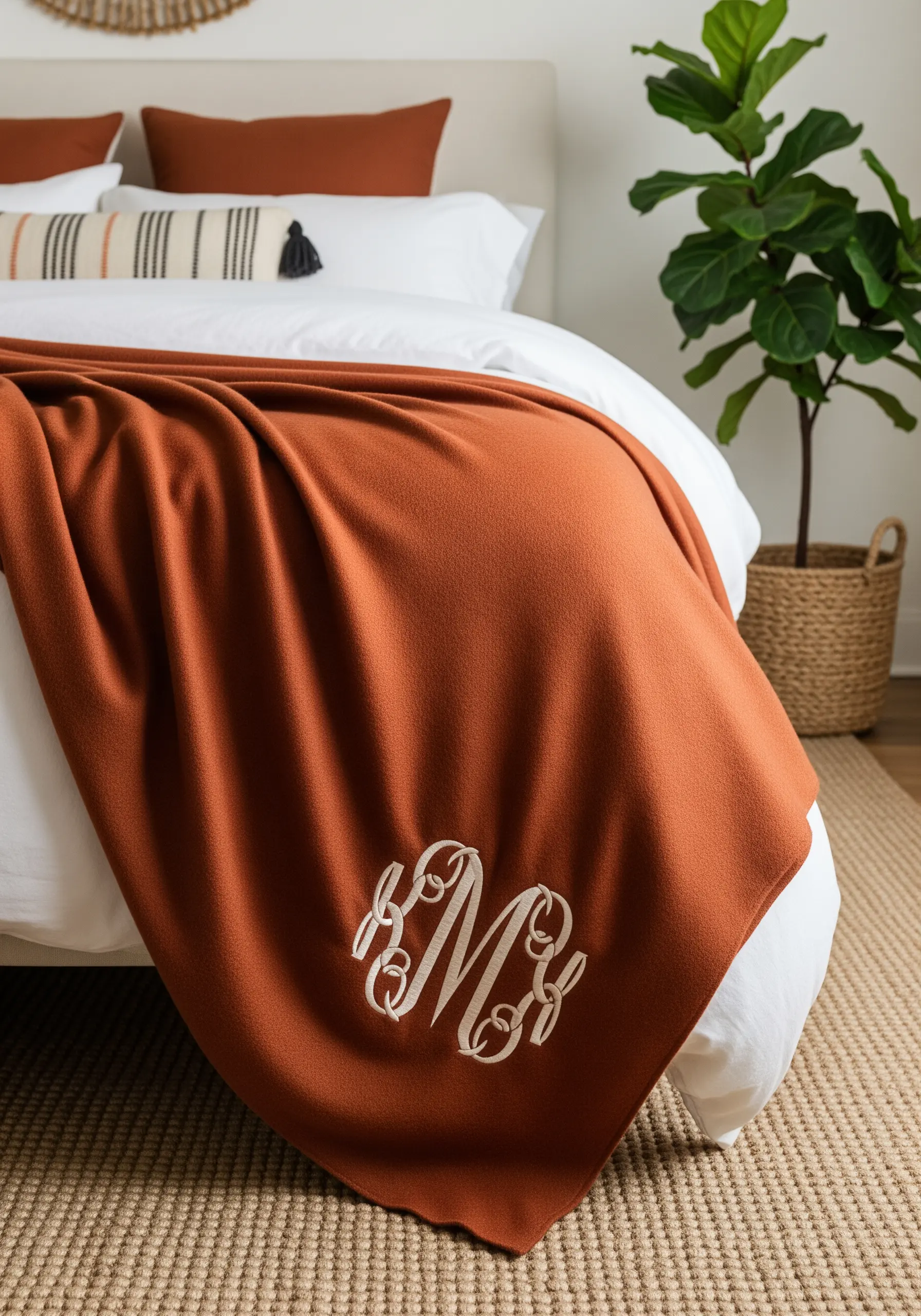 An elegant white interlocking script monogram embroidered on the corner of a terracotta-colored throw blanket.