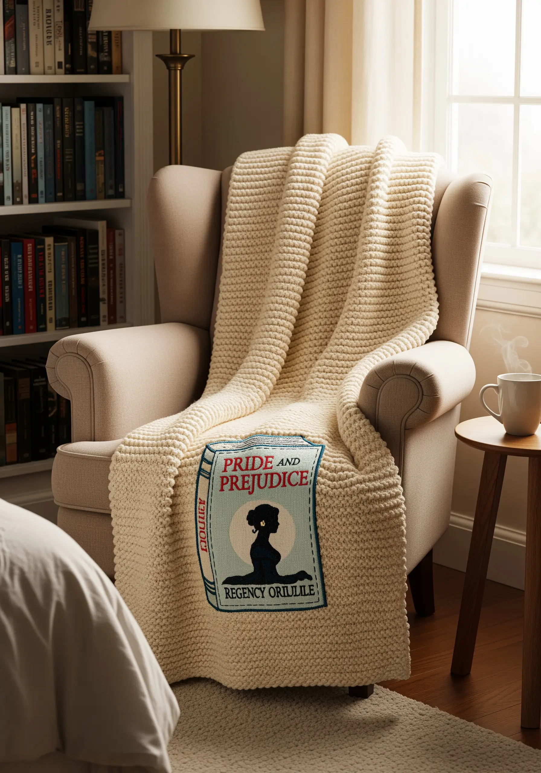A cozy knit throw blanket with an embroidered patch of a classic book cover.