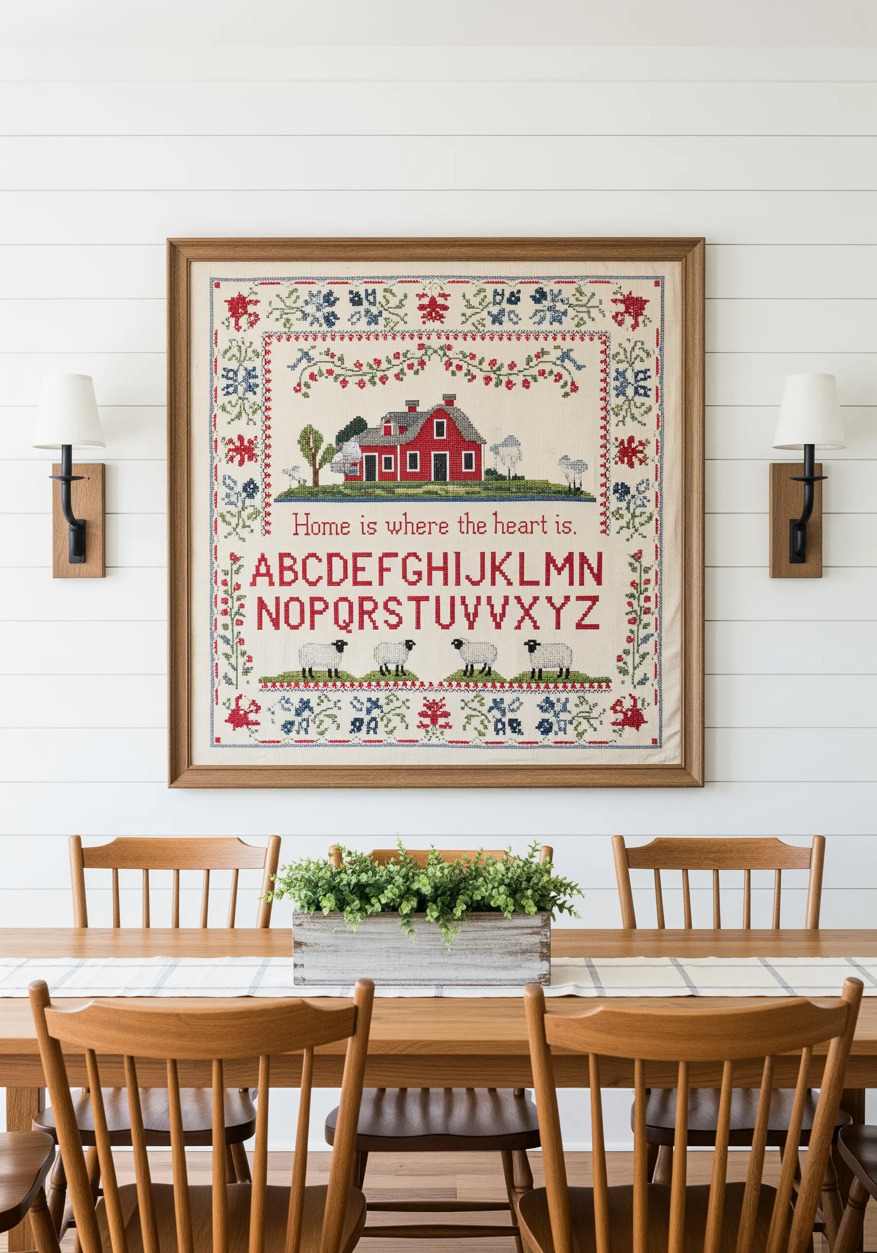 A framed cross-stitch sampler with an alphabet, a red house, and the quote 'Home is where the heart is.'