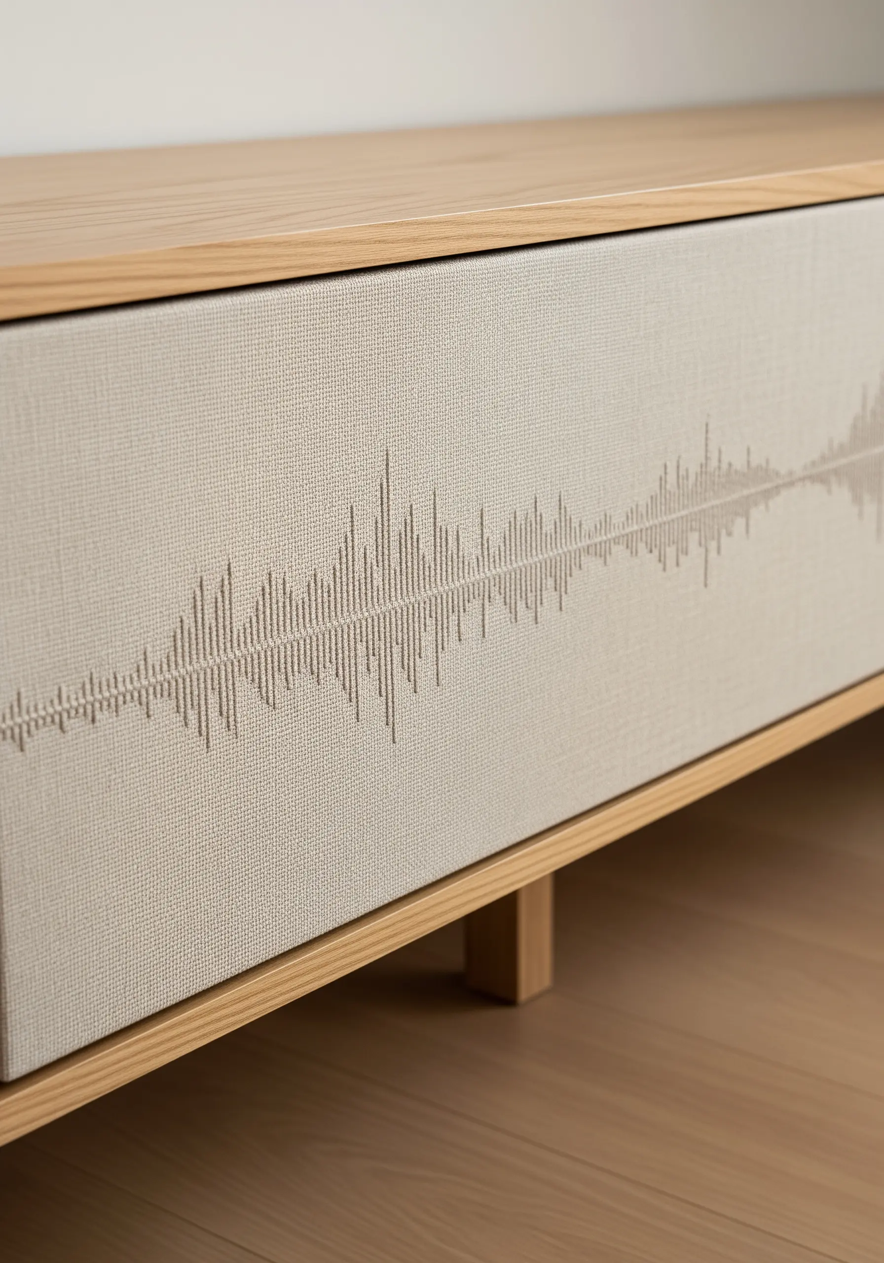 A soundwave pattern embroidered in beige thread on a fabric-covered cabinet drawer.