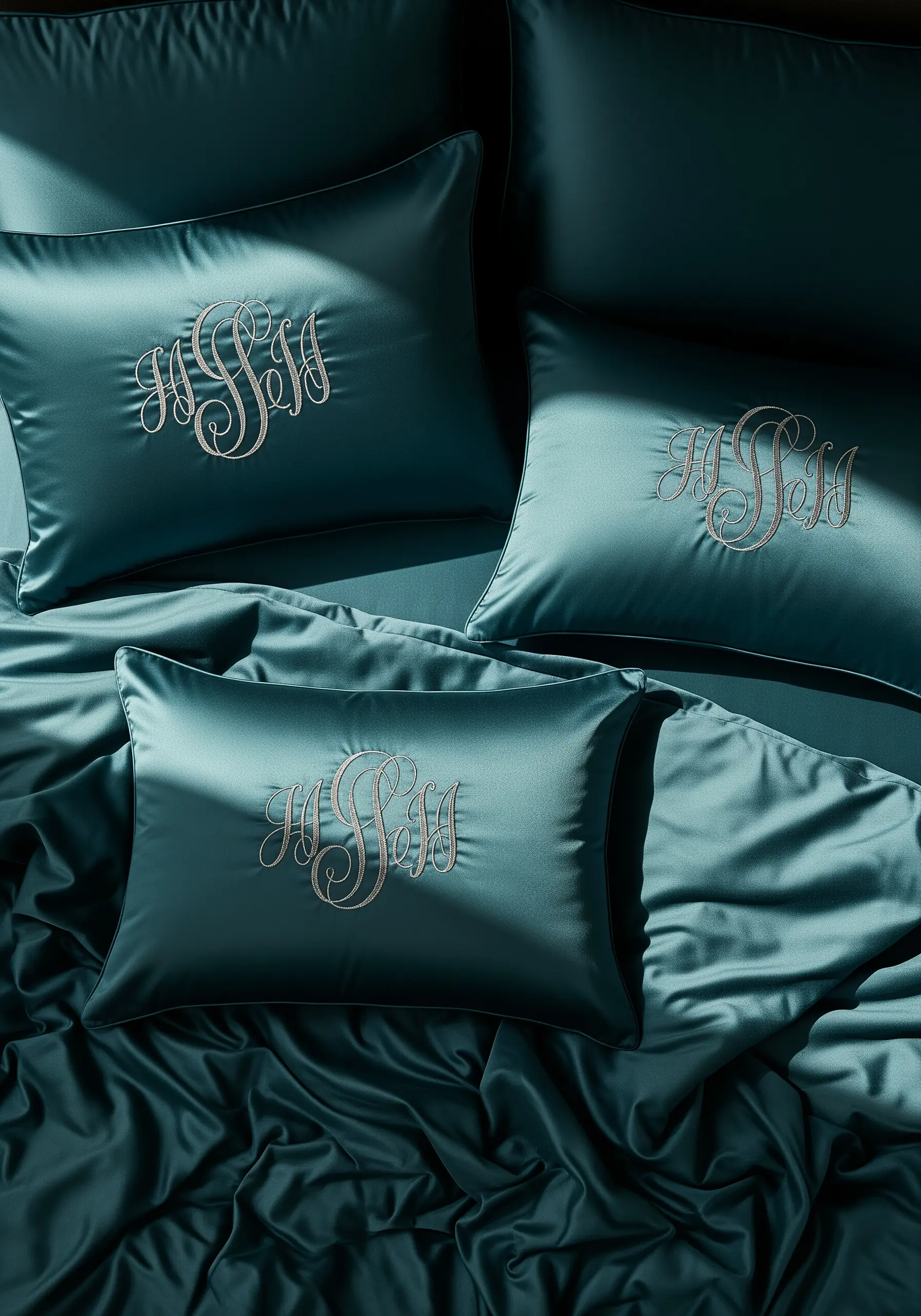 Elegant silver monogram embroidered on luxurious dark teal silk pillowcases.