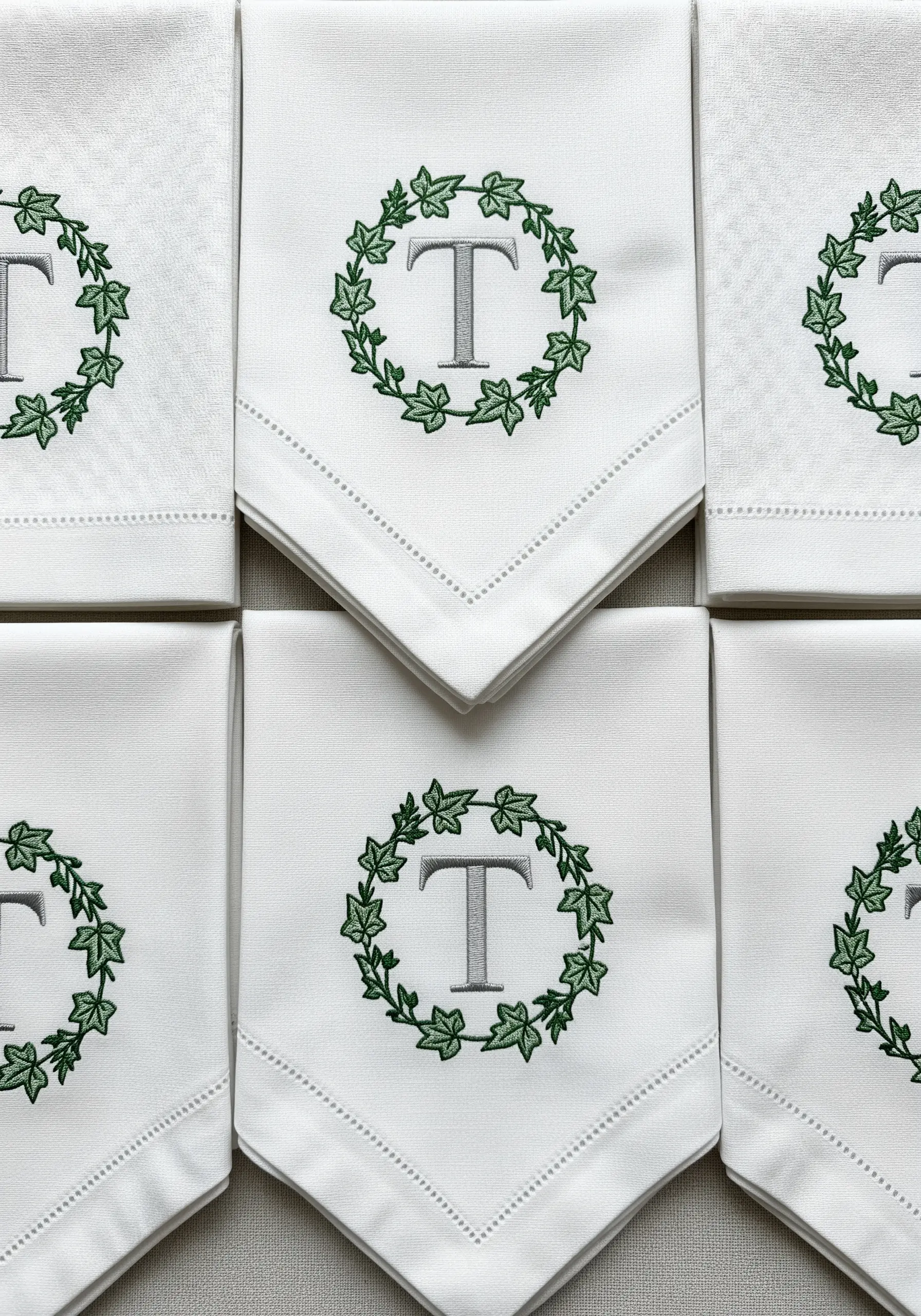 A crisp white napkin embroidered with a grey initial 'T' encircled by a green ivy wreath.