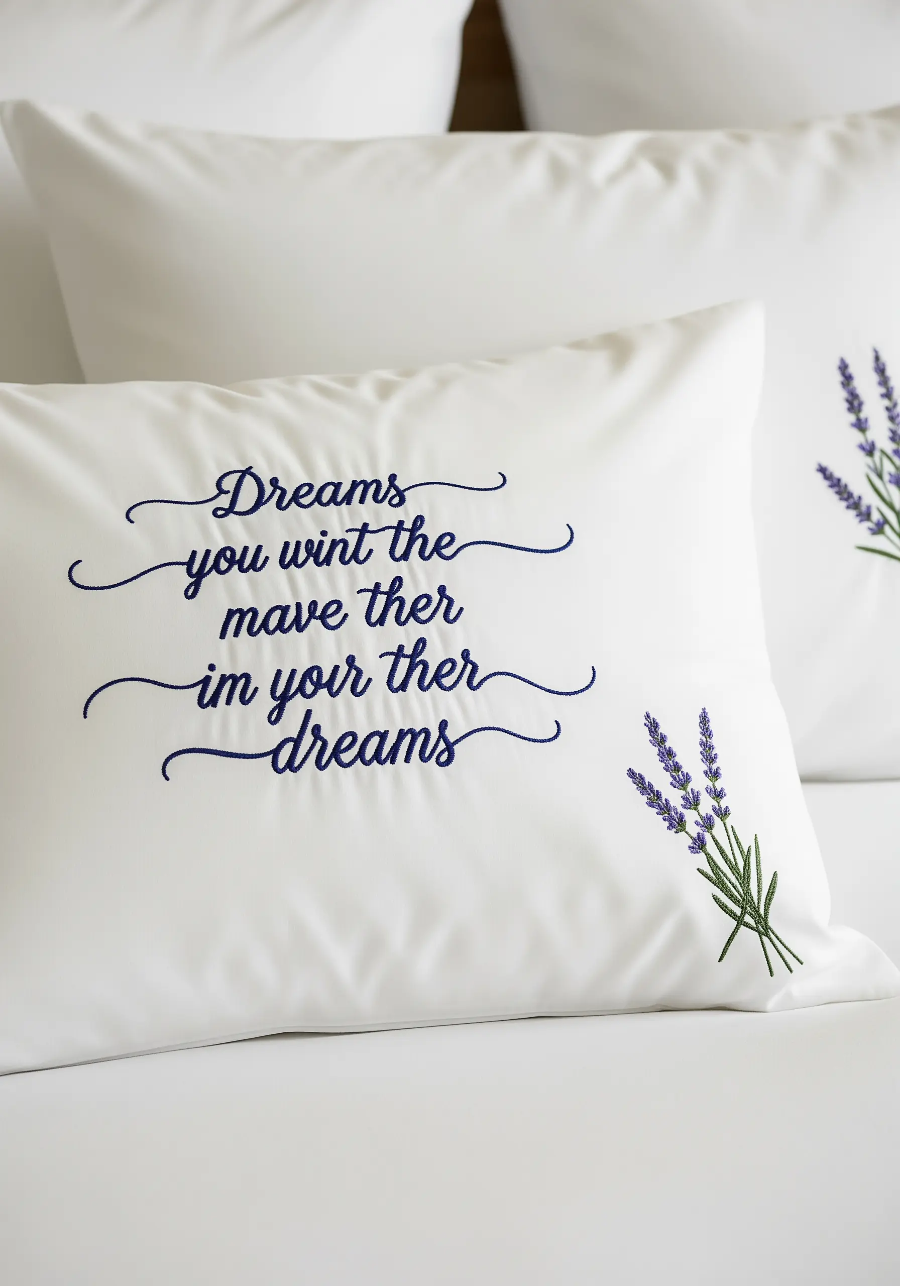 A white pillowcase with an embroidered quote in elegant navy blue script and a small lavender sprig.