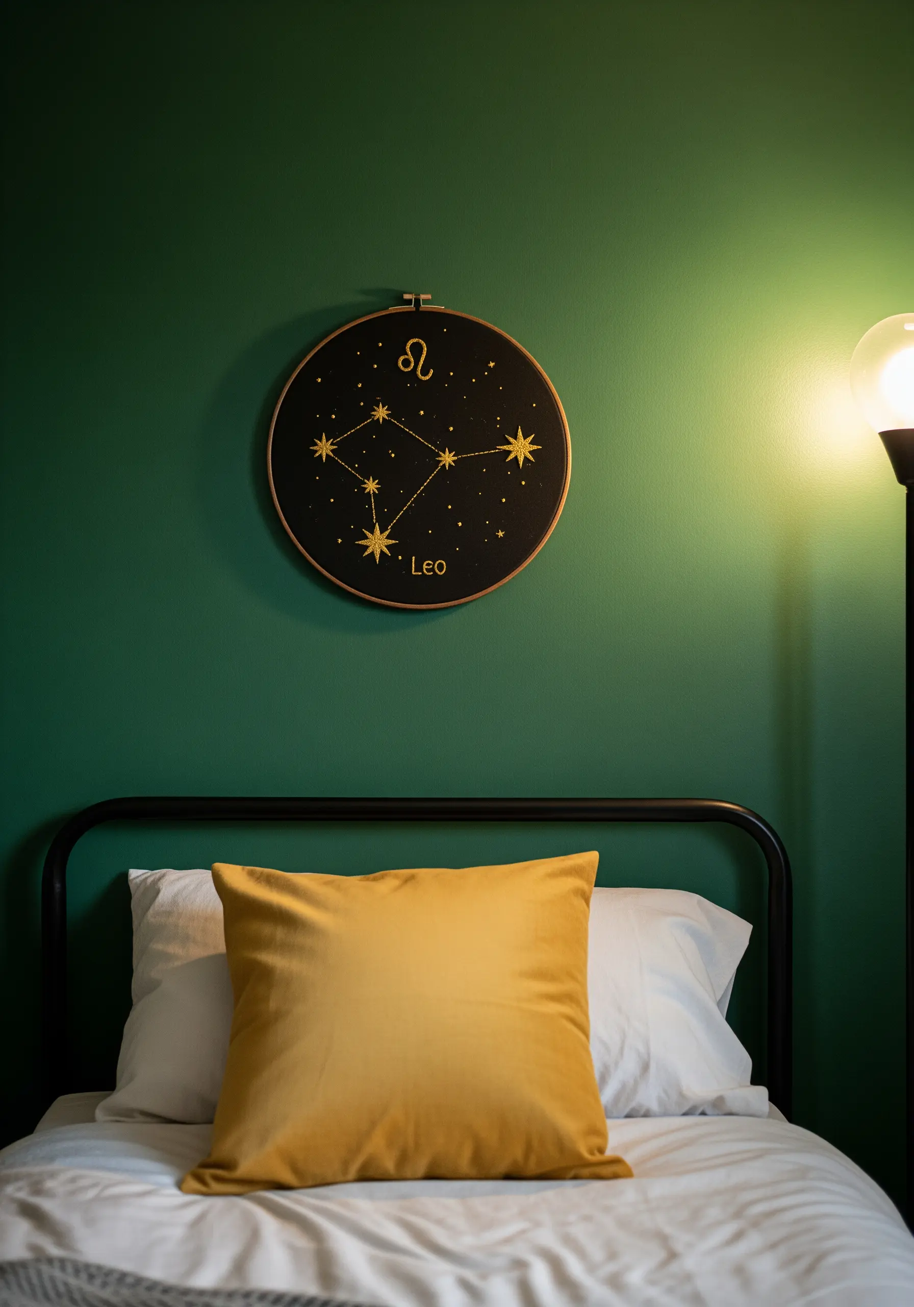 An embroidered Leo zodiac constellation with gold thread on a black hoop.