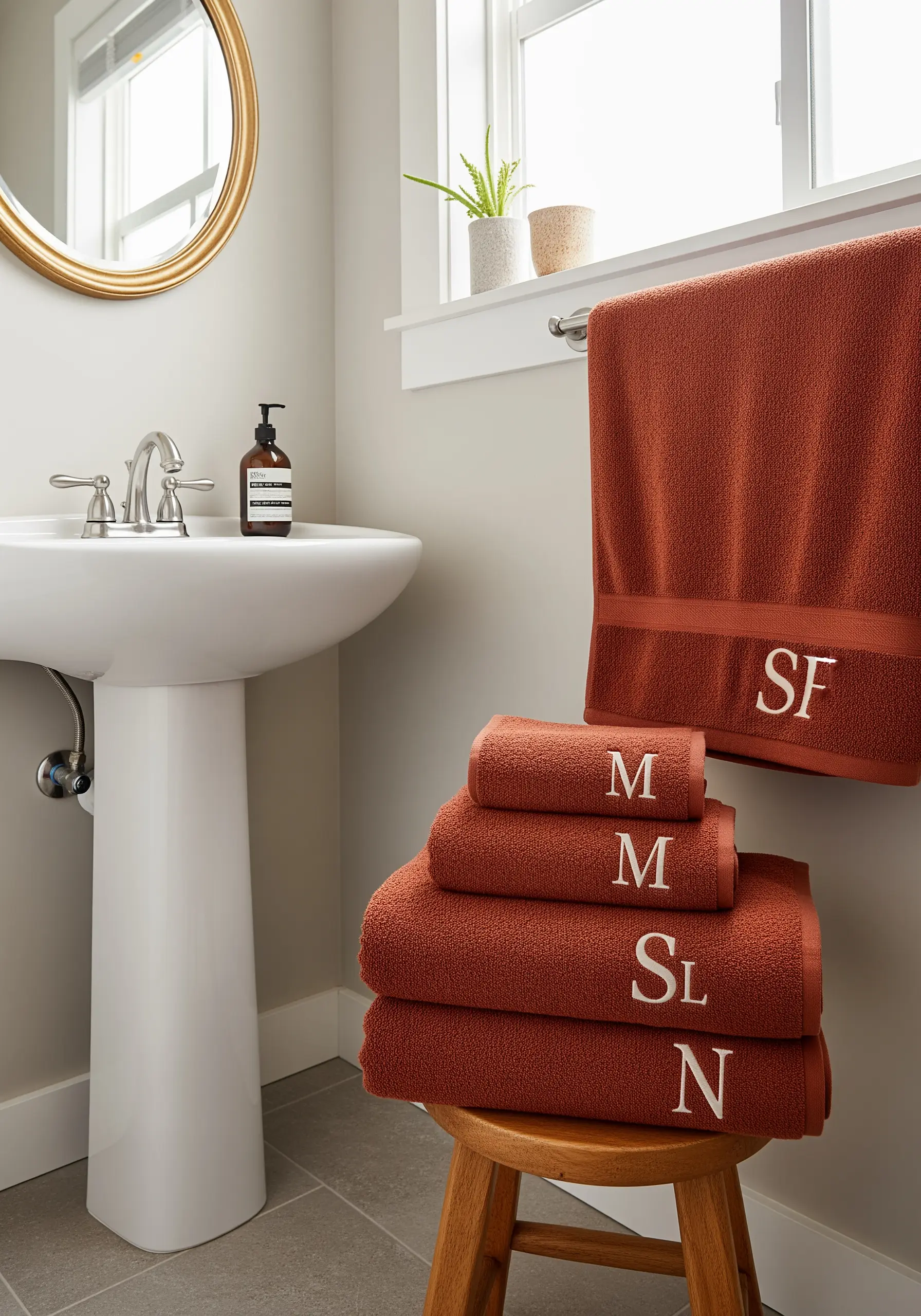 A stack of rust-colored towels with clean, white embroidered monograms.