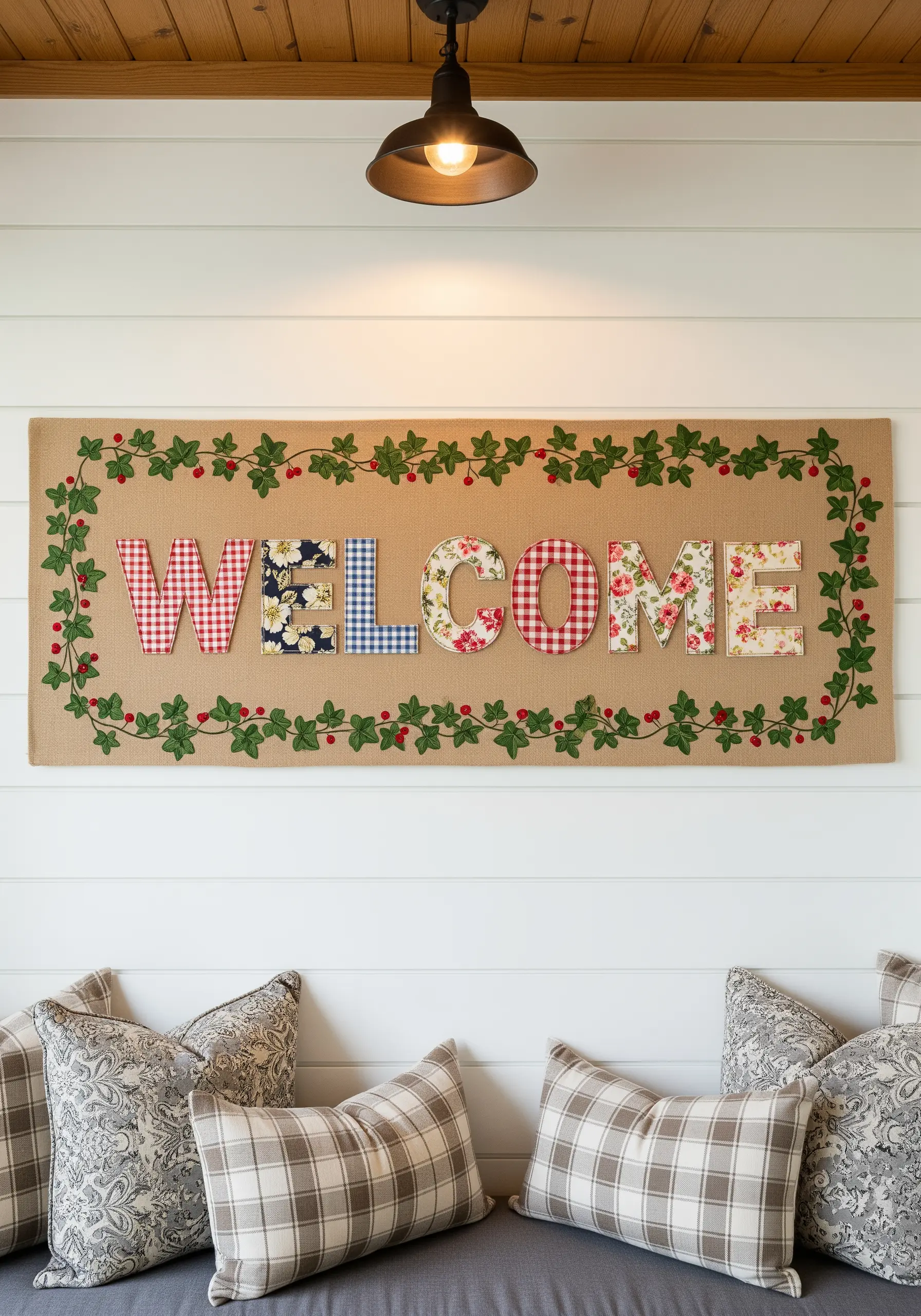 A burlap 'Welcome' sign with each letter cut from a different patterned fabric.