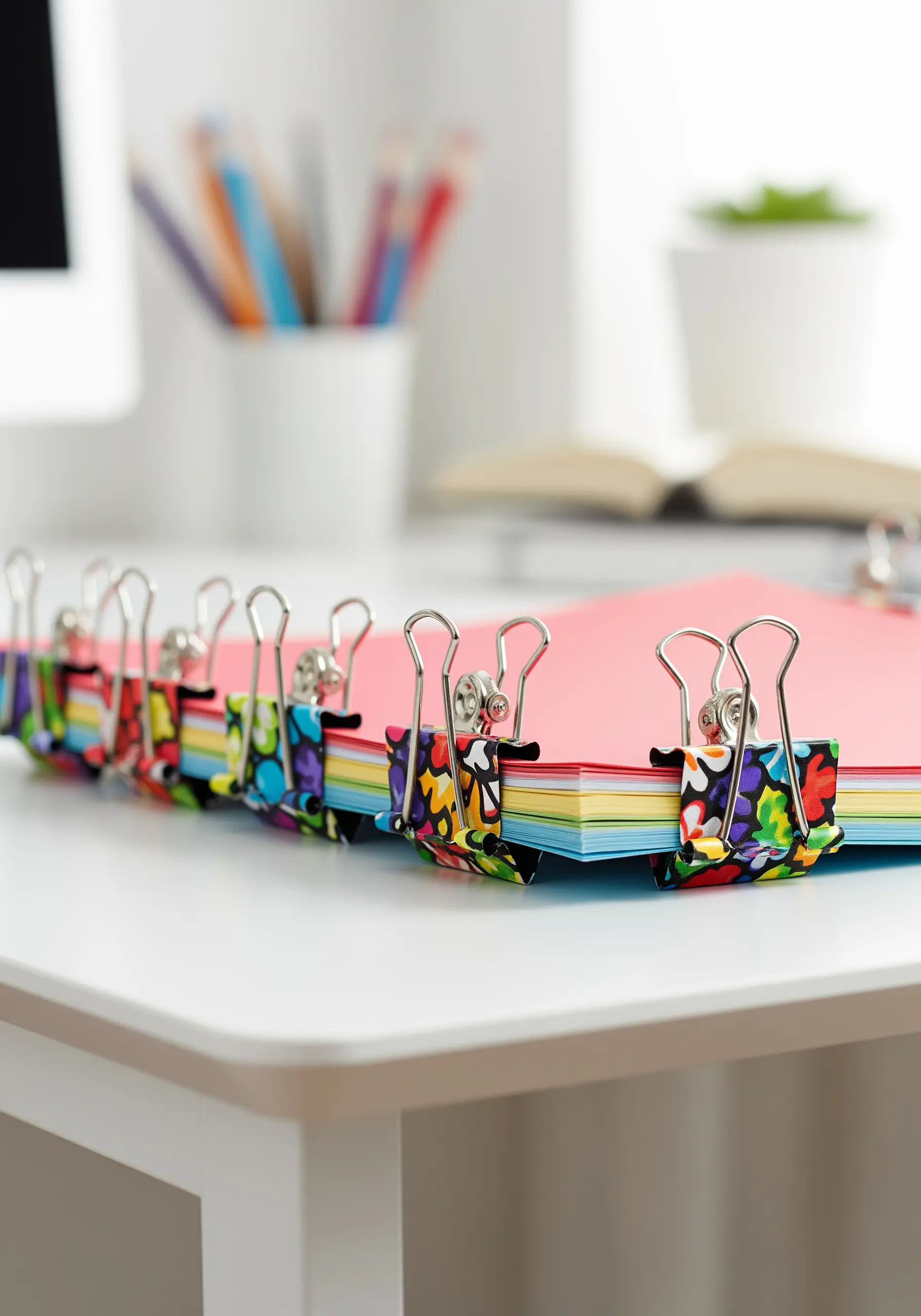 A row of metal binder clips decorated with a colorful, patterned fabric, holding a stack of paper.