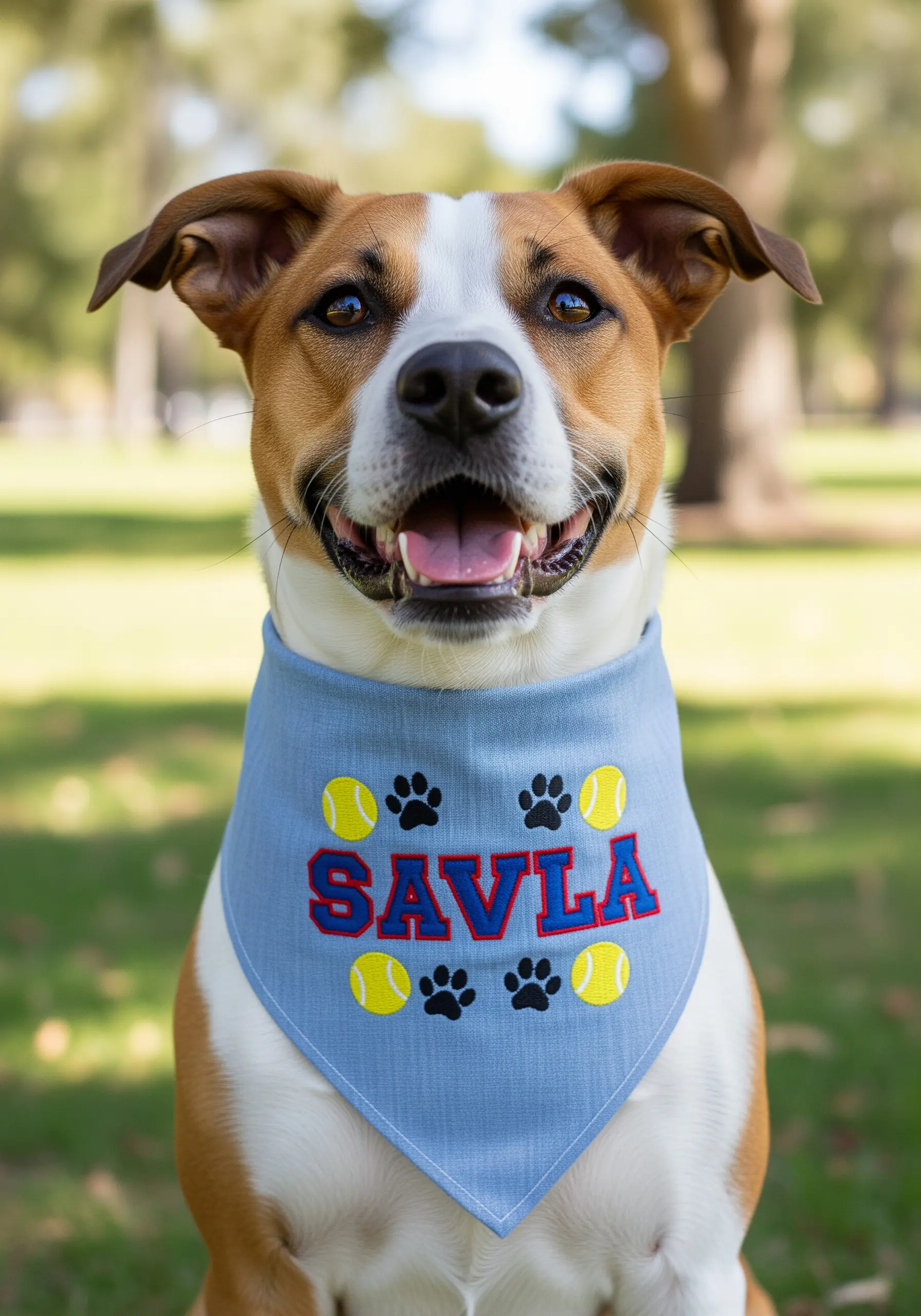 A dog wearing a blue bandana personalized with its name 'SAVLA' in appliqué and embroidered motifs.
