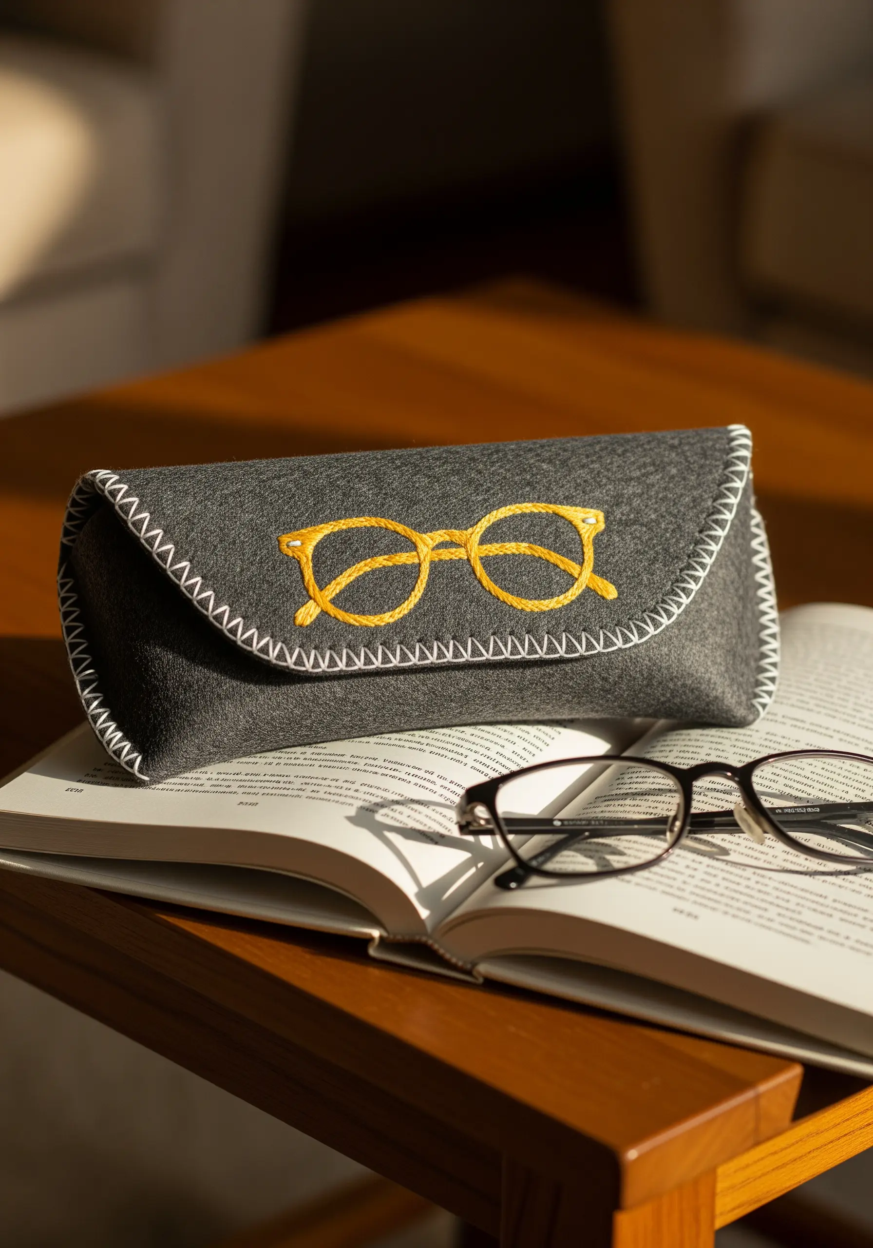 A gray felt glasses case with a yellow embroidered pair of glasses on the front.