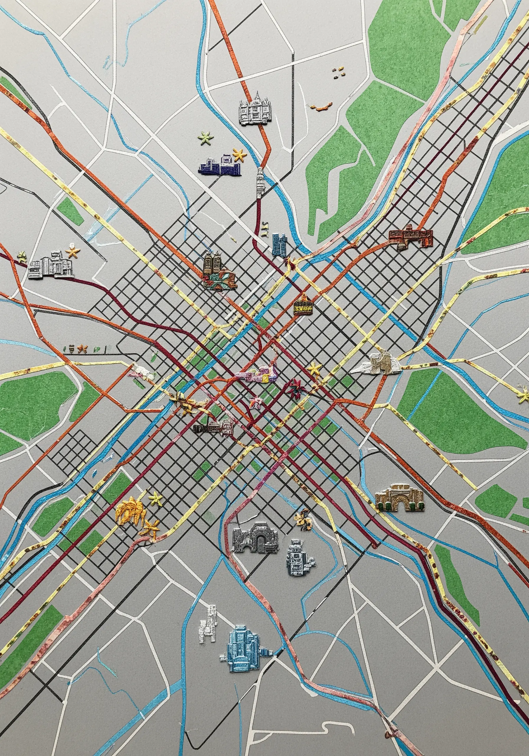 A printed city map embellished with colorful embroidered lines and small, stitched landmark icons.