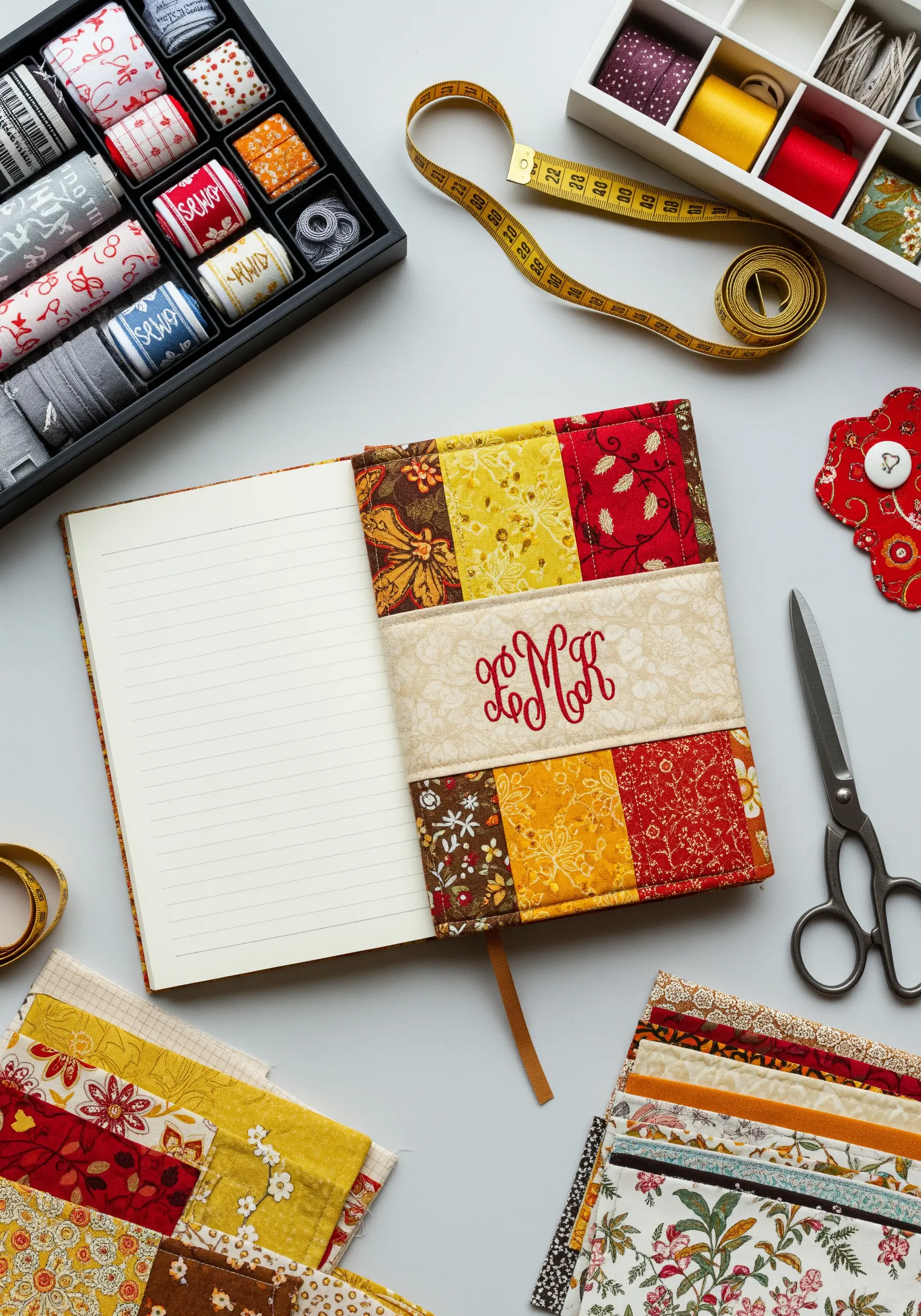 Quilted journal cover with fabric patches and a red embroidered monogram.