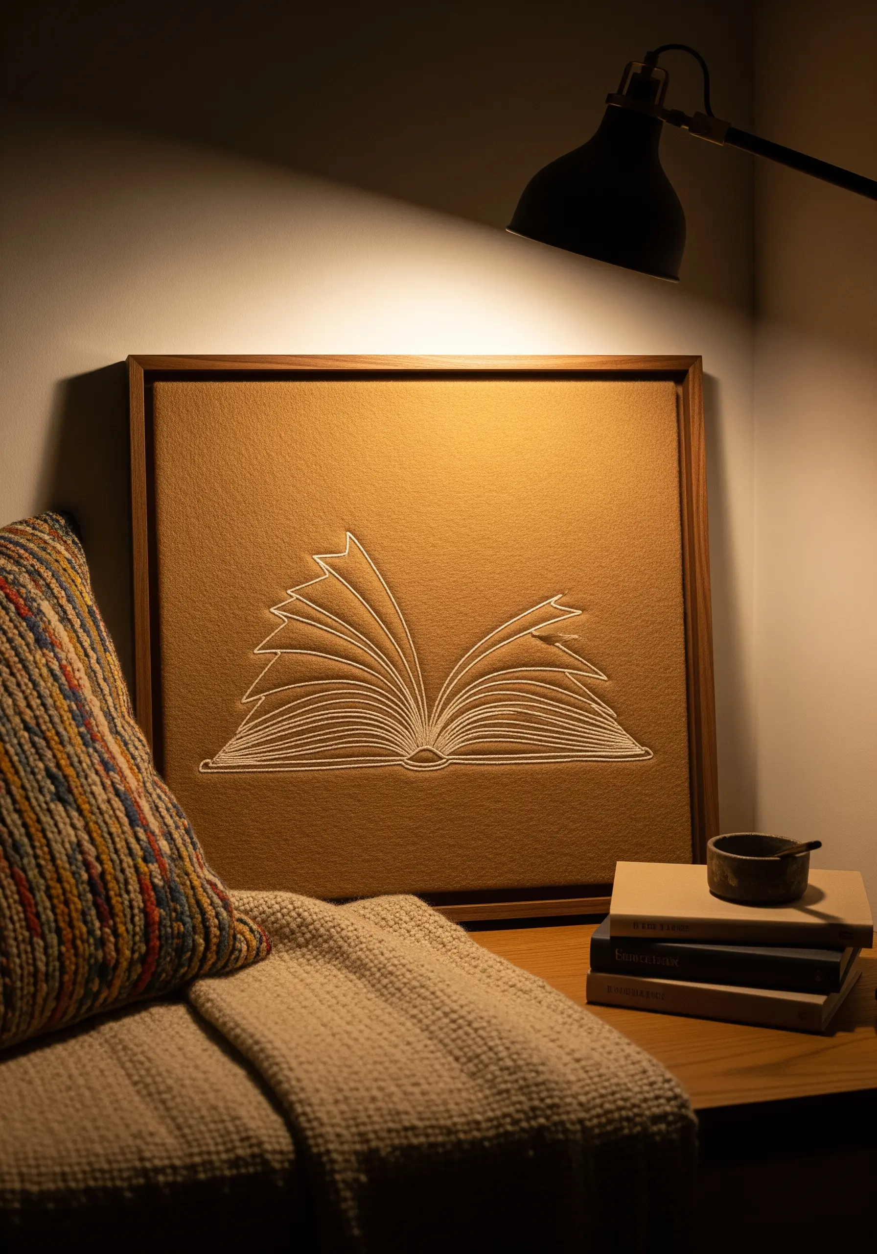 An open book outlined in white thread on brown felt, using varied line weights for perspective.