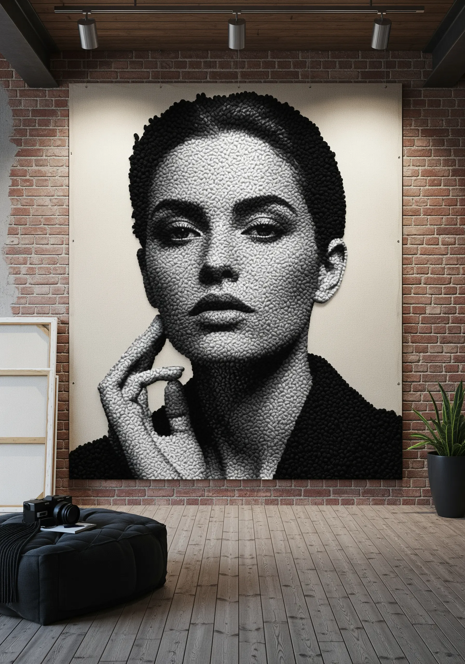 A large-scale, photorealistic portrait of a woman created with thousands of tiny French knots.