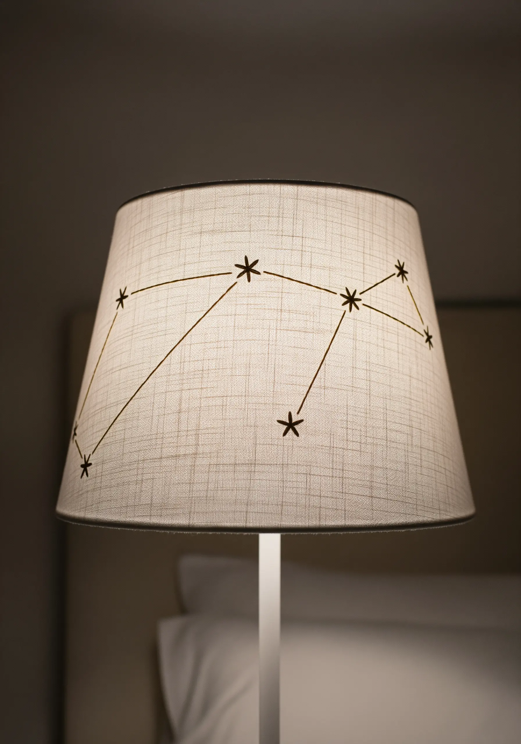 Embroidered constellation pattern on a fabric lampshade, lit from within.