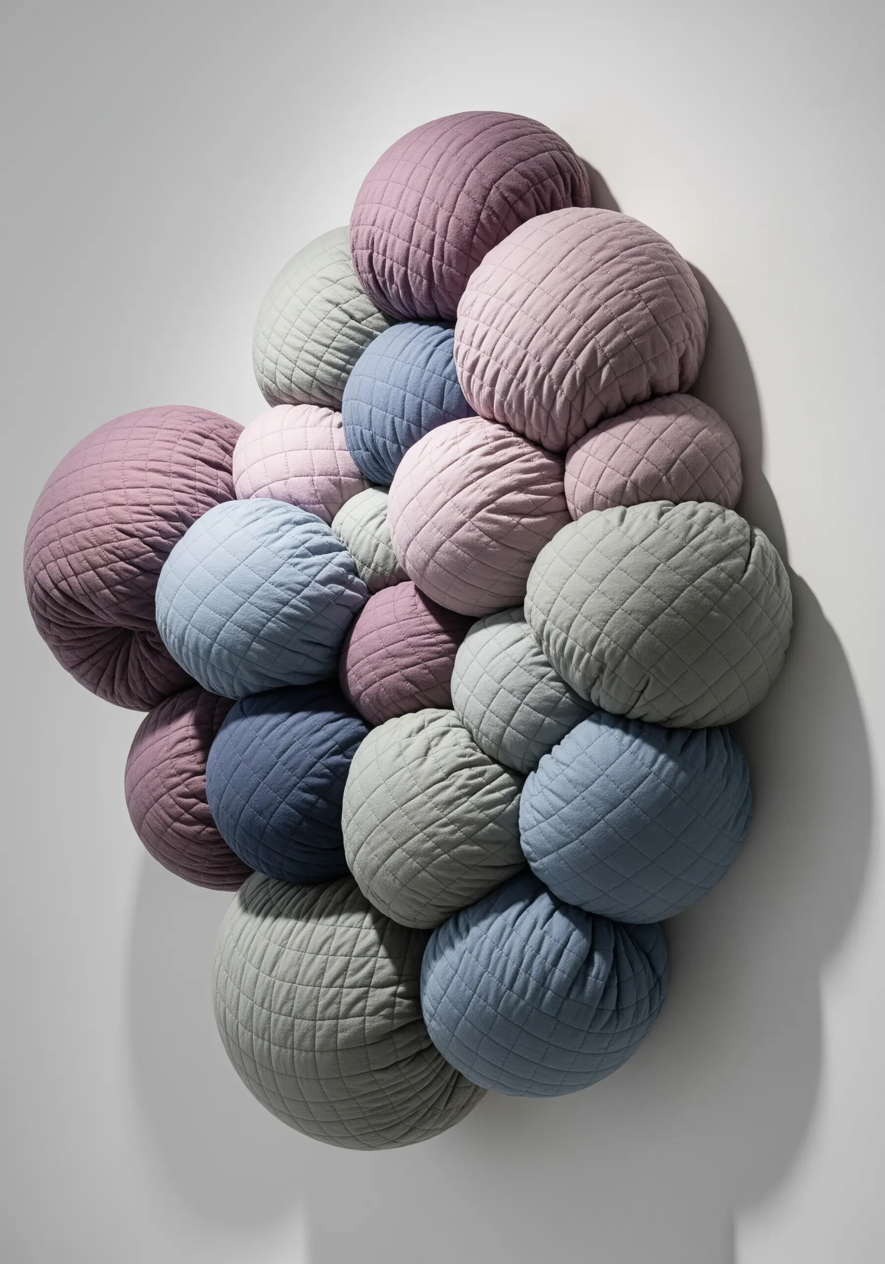 A wall sculpture made of a cluster of soft, quilted fabric orbs in pastel colors.