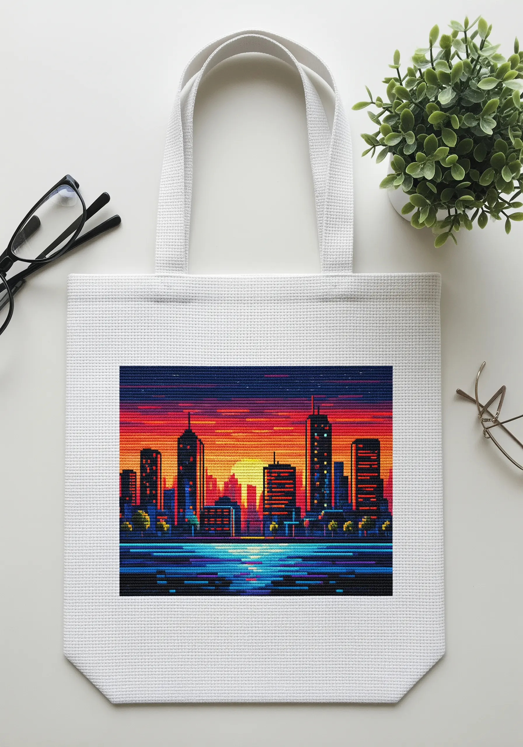 A cross-stitched cityscape at sunset, creating a pixelated art effect on a white tote bag.
