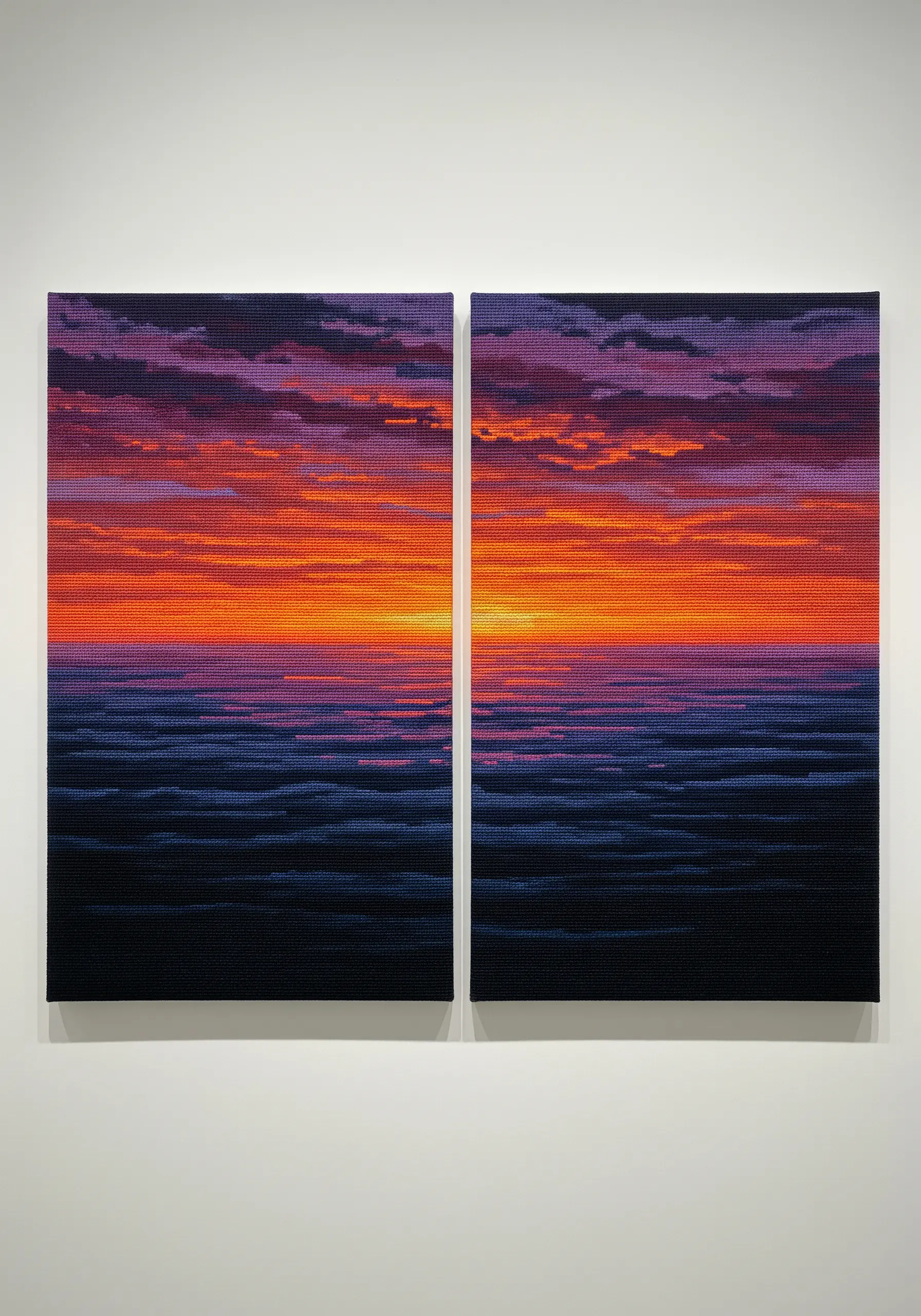 A two-panel embroidered sunset with a pixelated effect created by cross stitches.