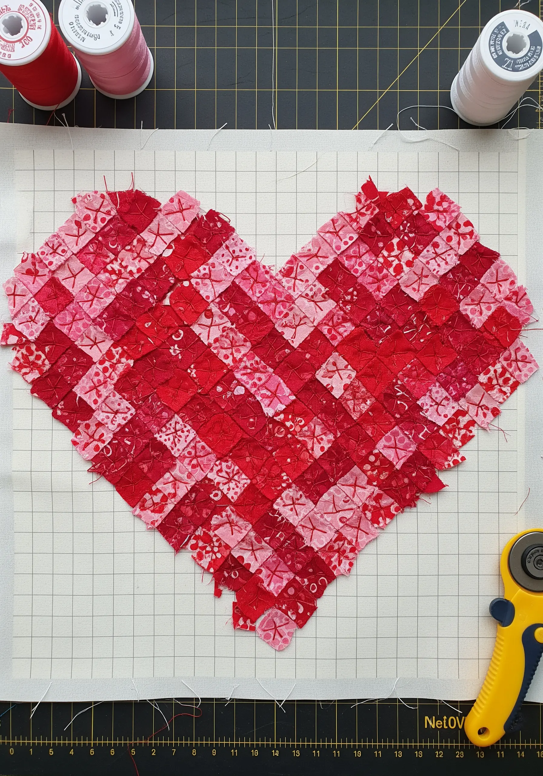 Pixelated heart made from small fabric squares