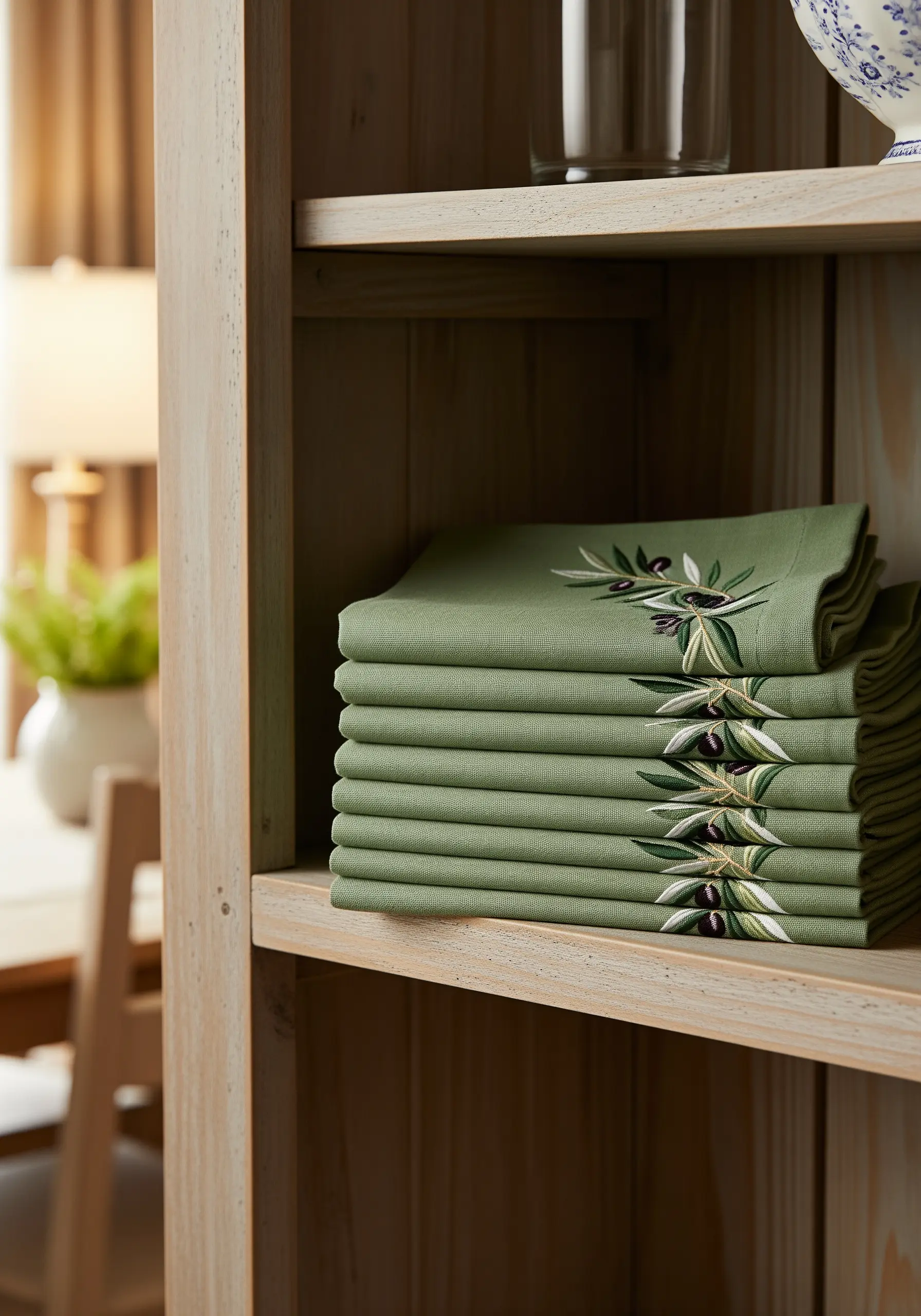 A stack of folded olive green napkins with an embroidered olive branch in the corner.