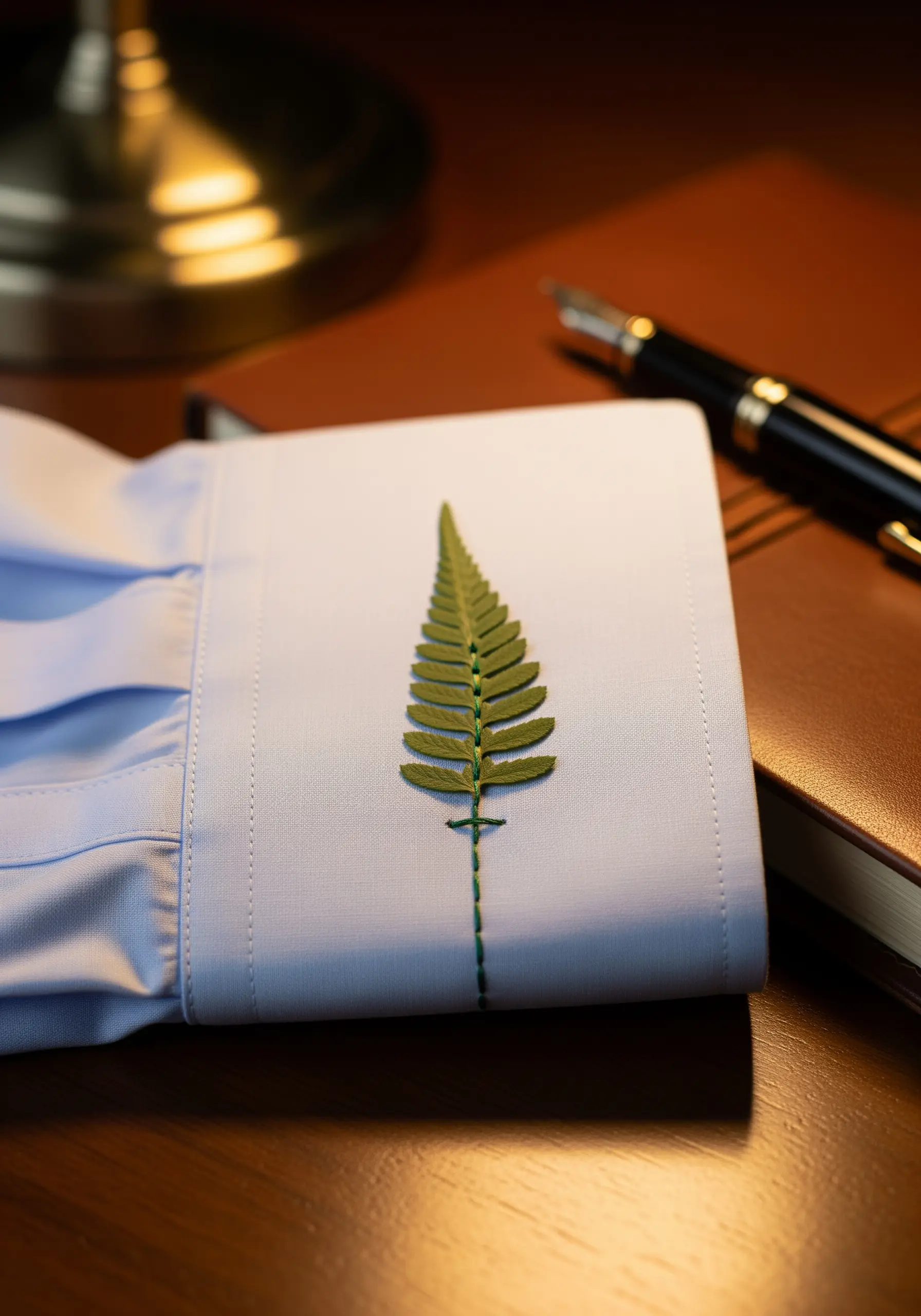 A single pressed fern elegantly embroidered onto the cuff of a light blue dress shirt.