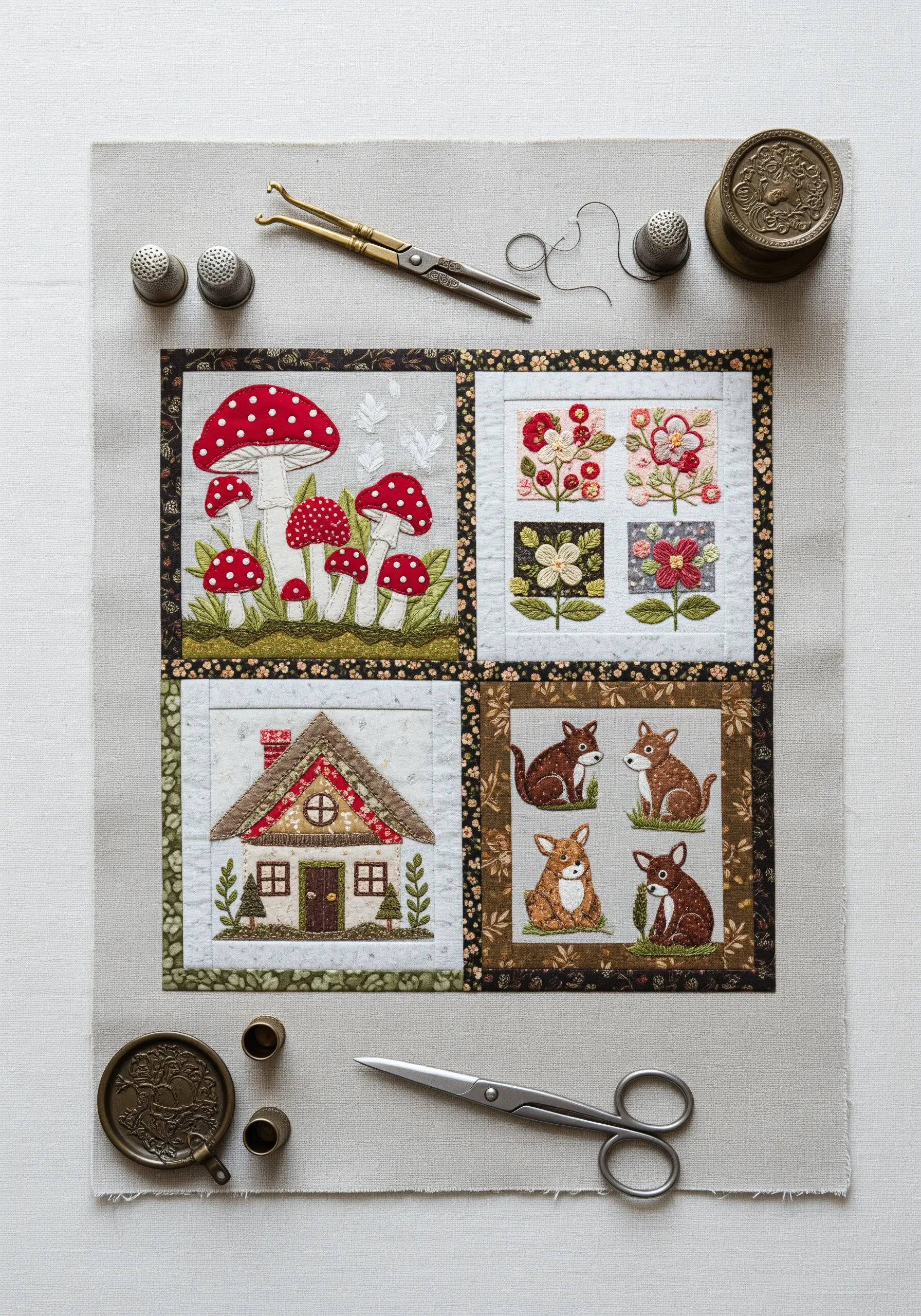 A four-patch quilt block with appliqué mushrooms, flowers, a cottage, and foxes.