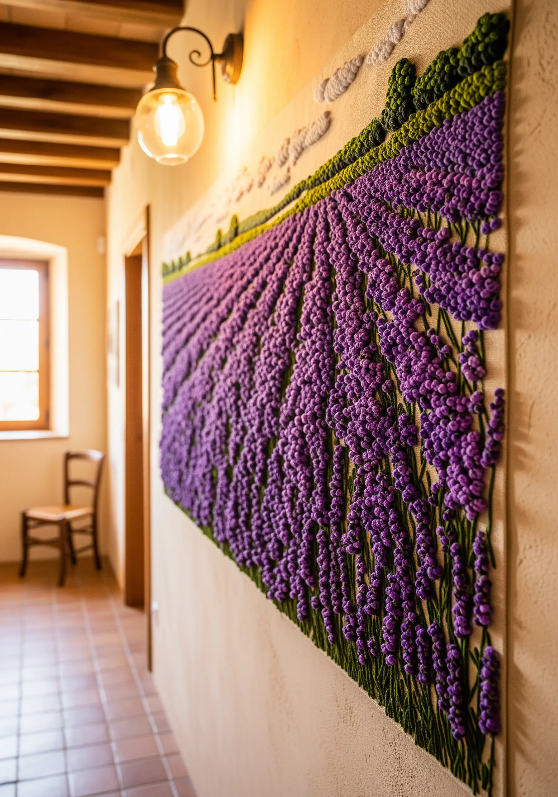 A long embroidered tapestry of a lavender field, with highly textured purple flowers