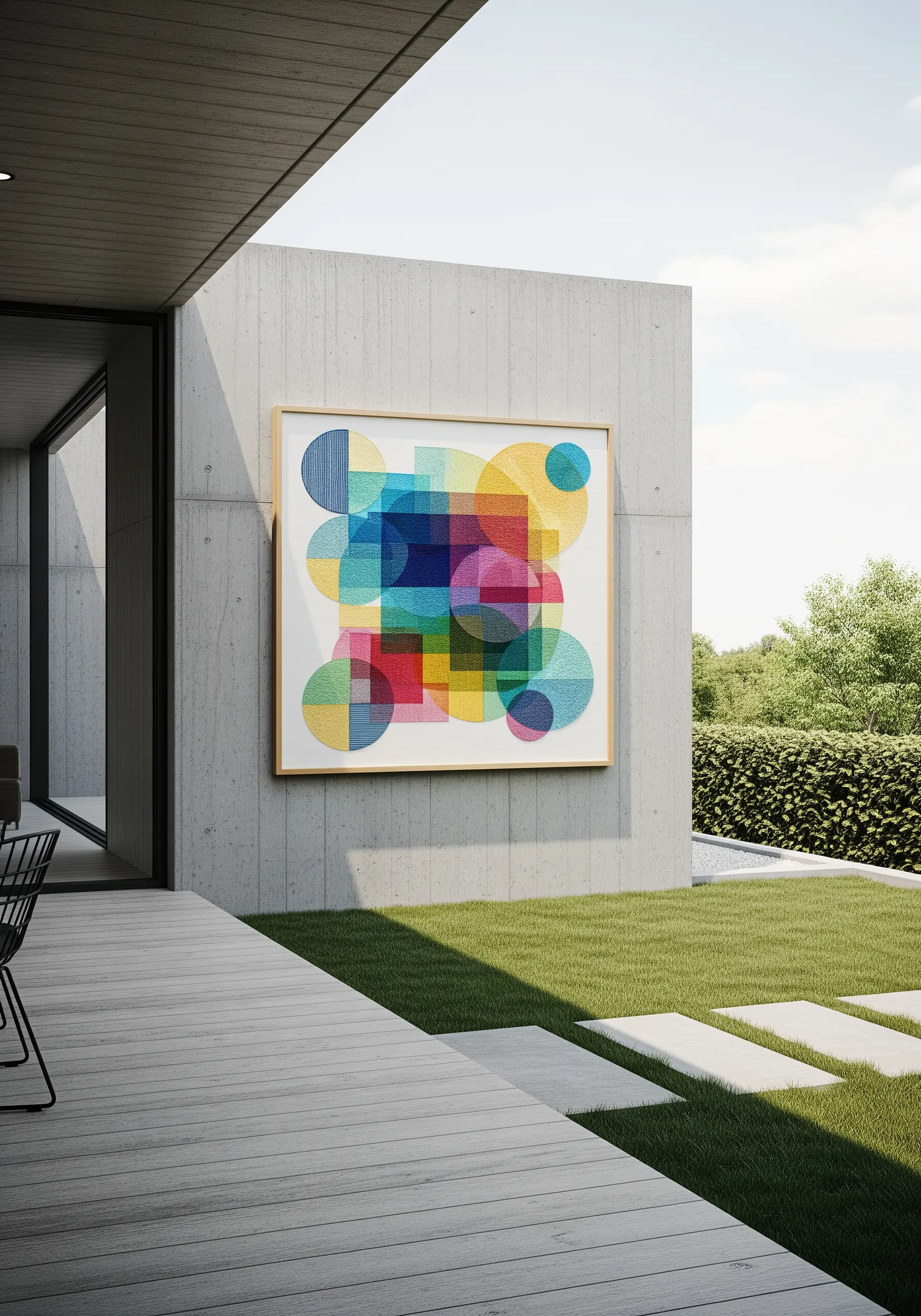 A large abstract geometric embroidery with overlapping, transparent-looking circles and squares.