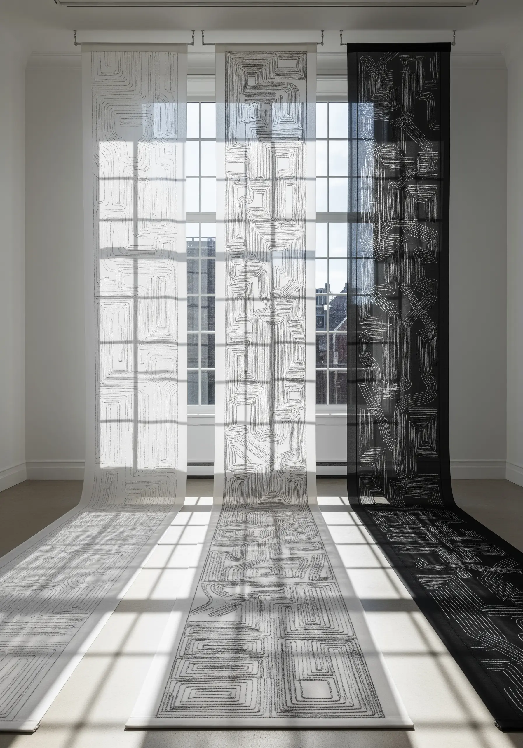Three long, sheer embroidered panels in white, grey, and black hanging in front of a large window.