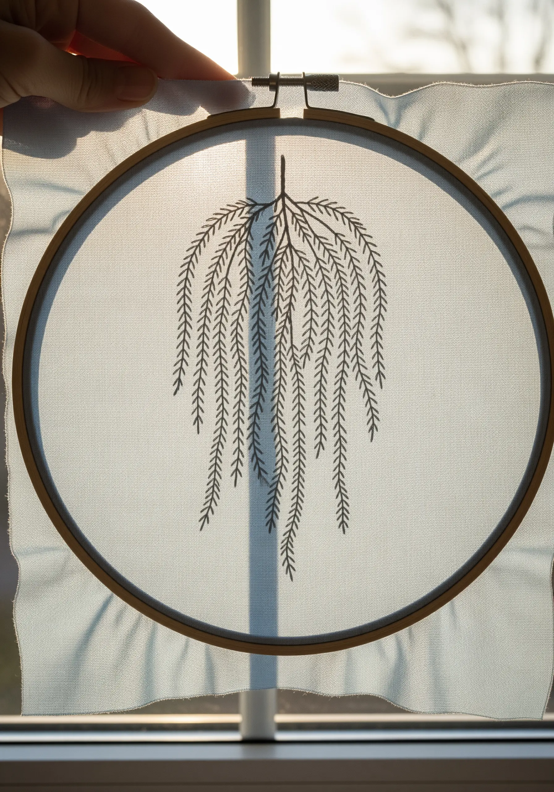 An embroidered weeping willow silhouette on sheer fabric, held up to a sunlit window.
