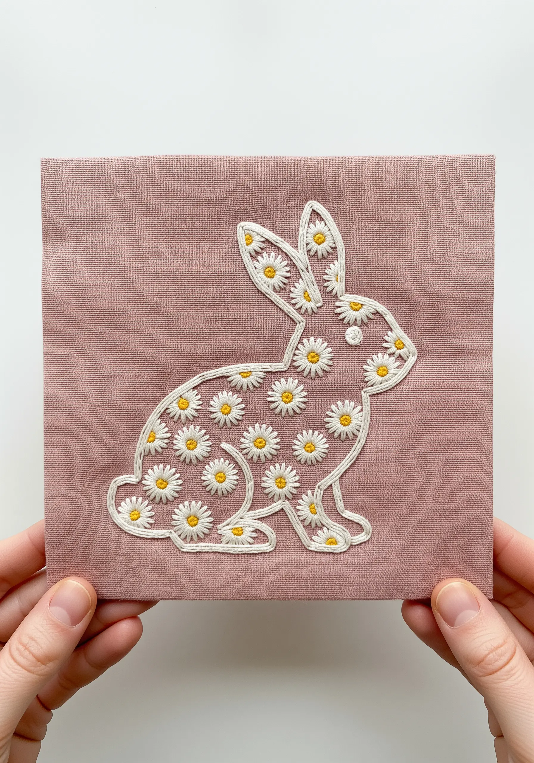 Rabbit silhouette outlined in white thread and filled with embroidered daisies.