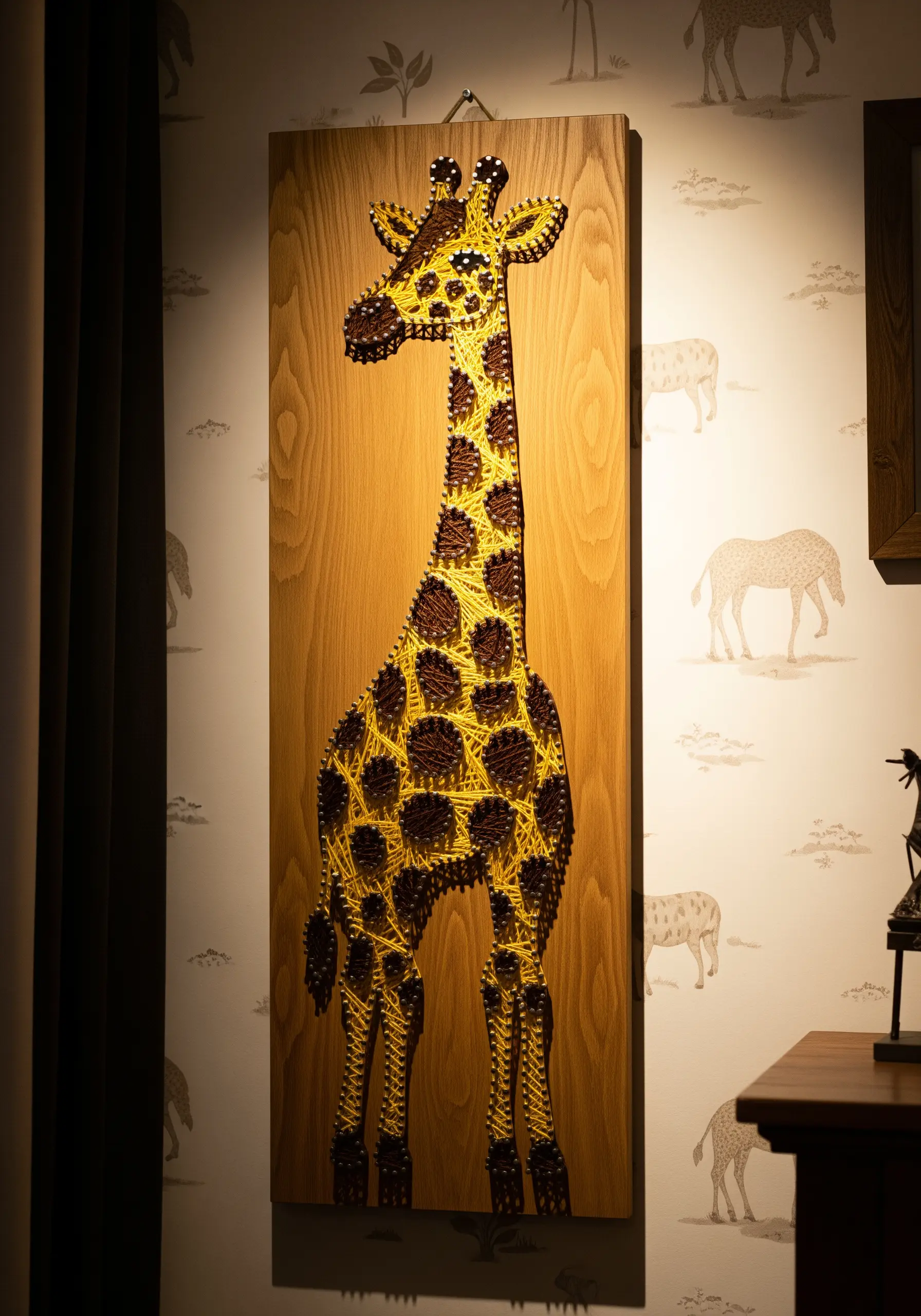 A giraffe embroidered on a wood panel, using brown thread for spots and negative space for the body.