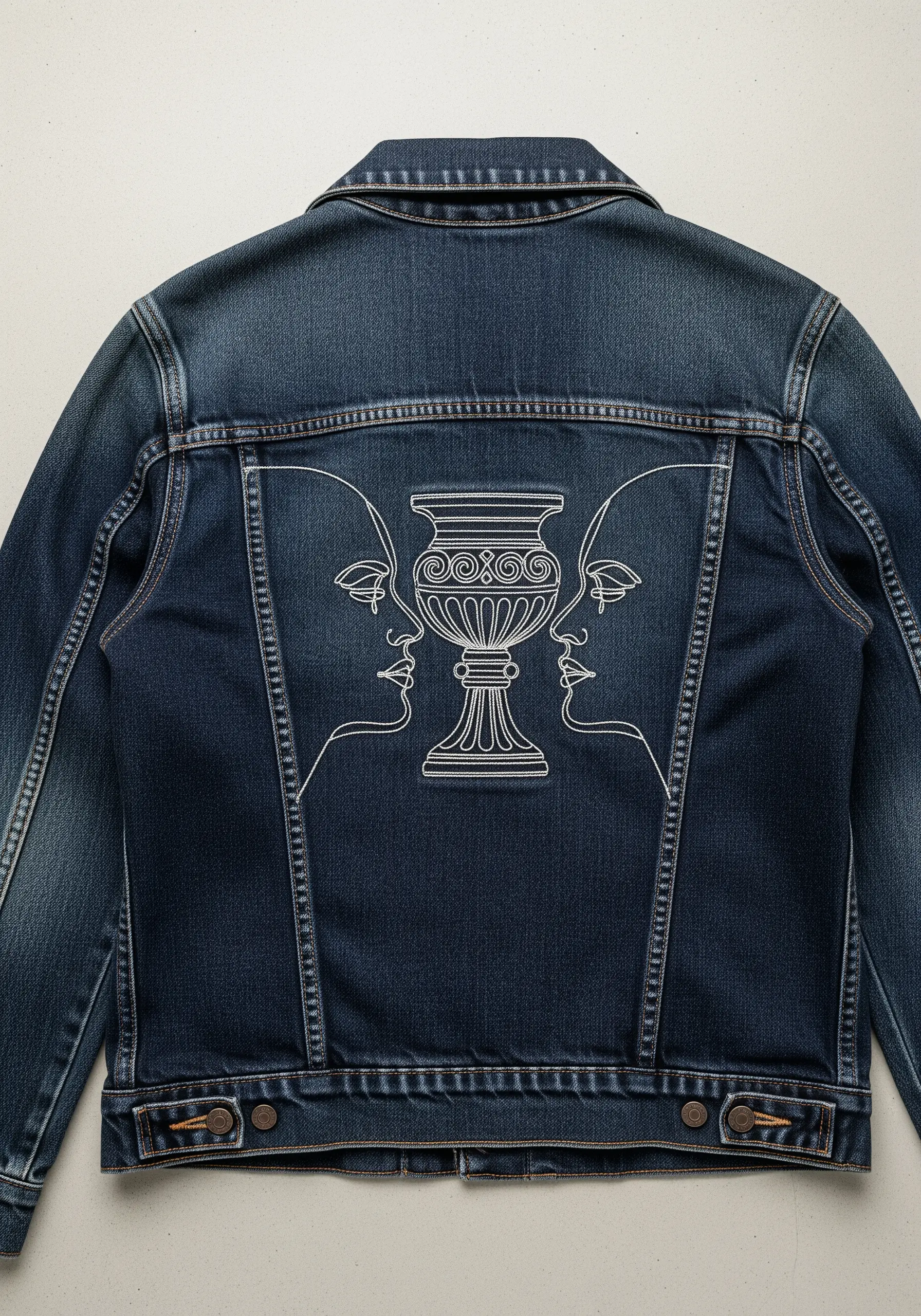 Symmetrical design of two faces in profile creating the shape of an urn between them.