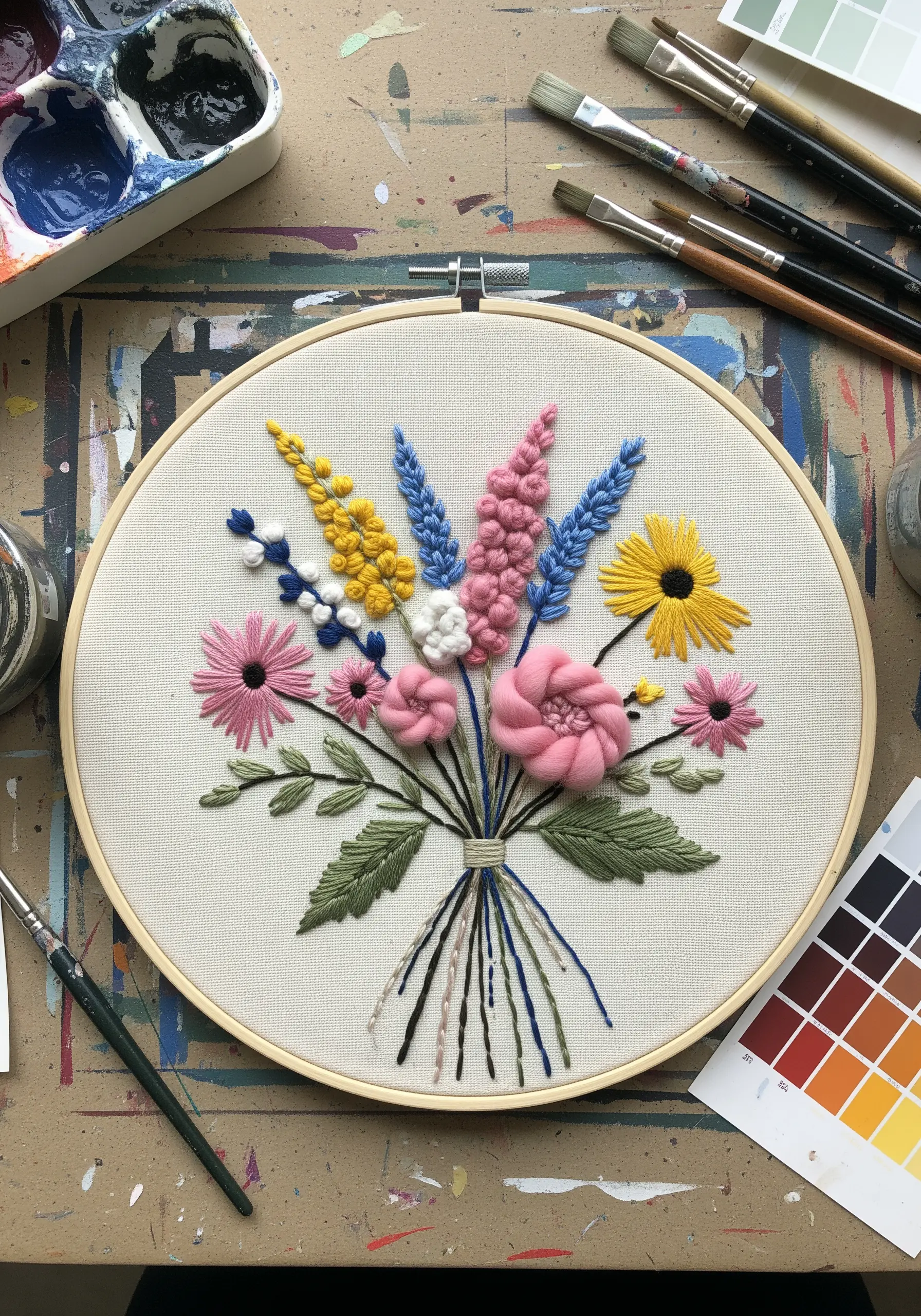 A folk-art style embroidered bouquet with highly textured flowers like pink bullion knots.