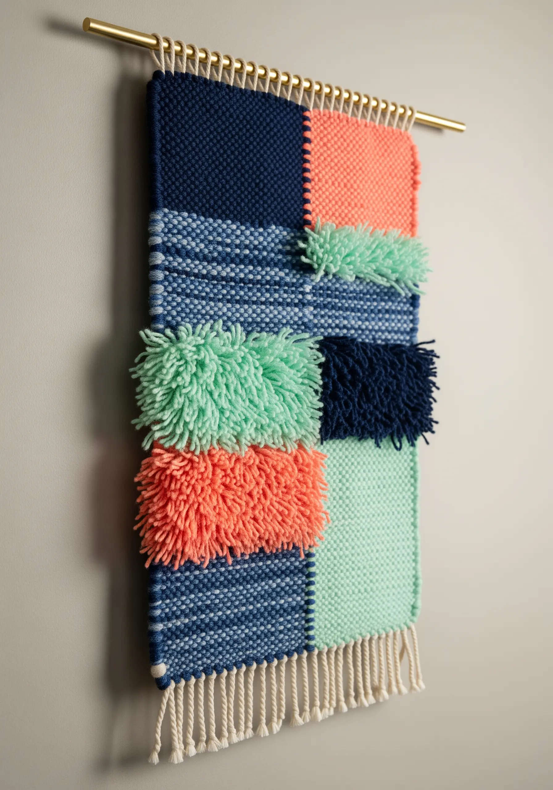 A woven wall hanging with color blocks of navy, coral, and mint, featuring fluffy sections.
