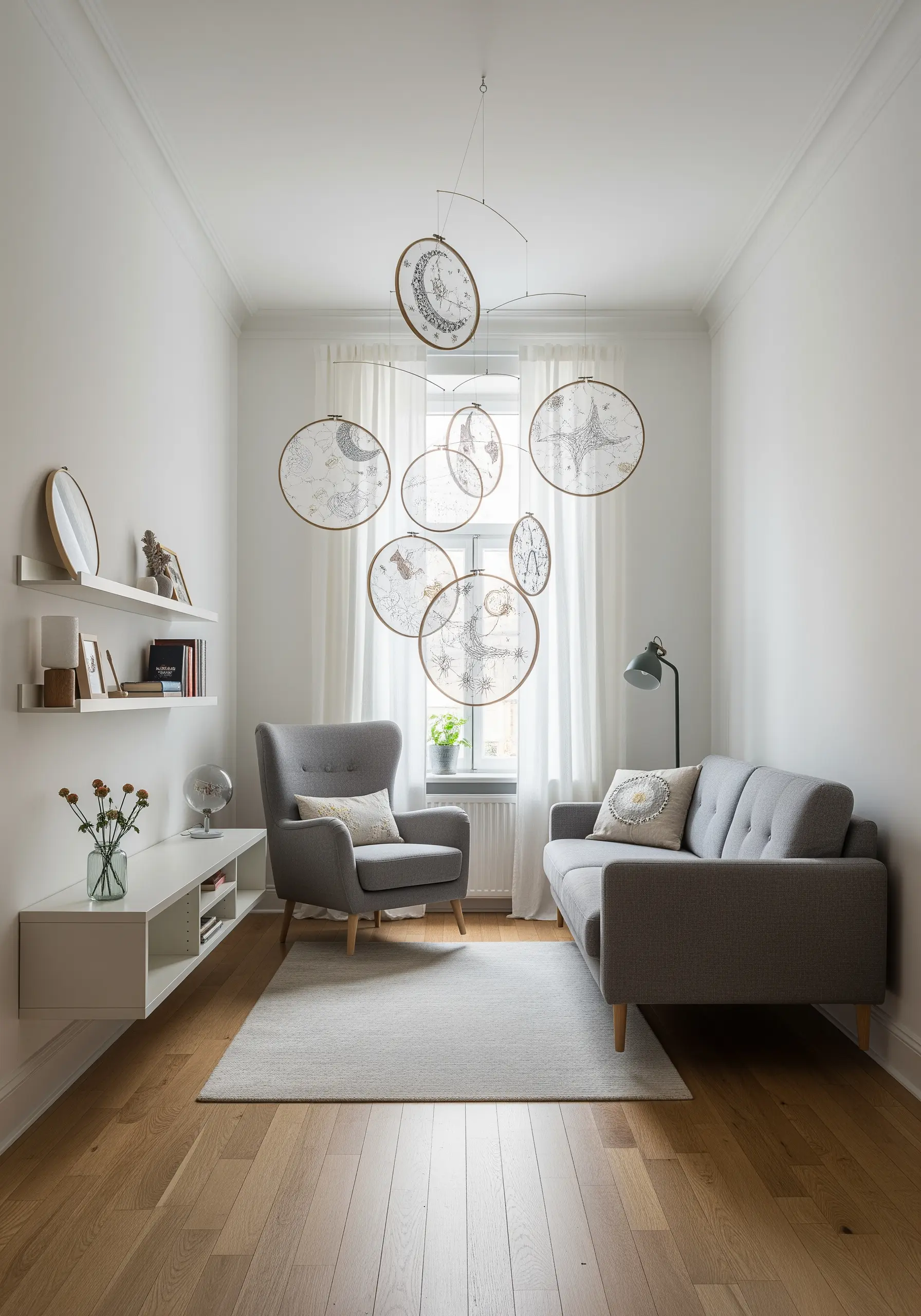 A mobile made of different-sized embroidery hoops with celestial designs on sheer fabric.