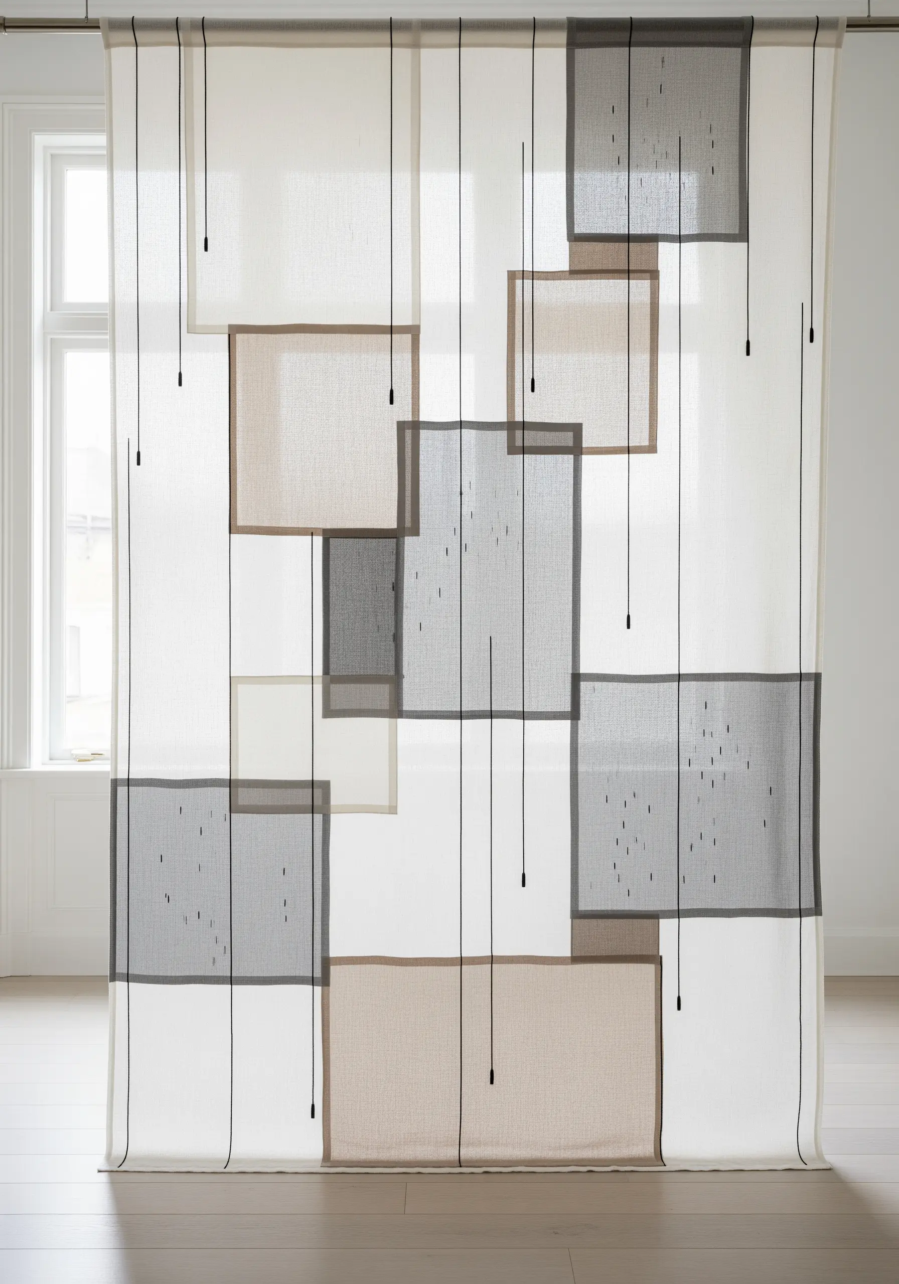 Sheer curtain-like textile art with layered panels, subtle stitching, and hanging weighted threads.