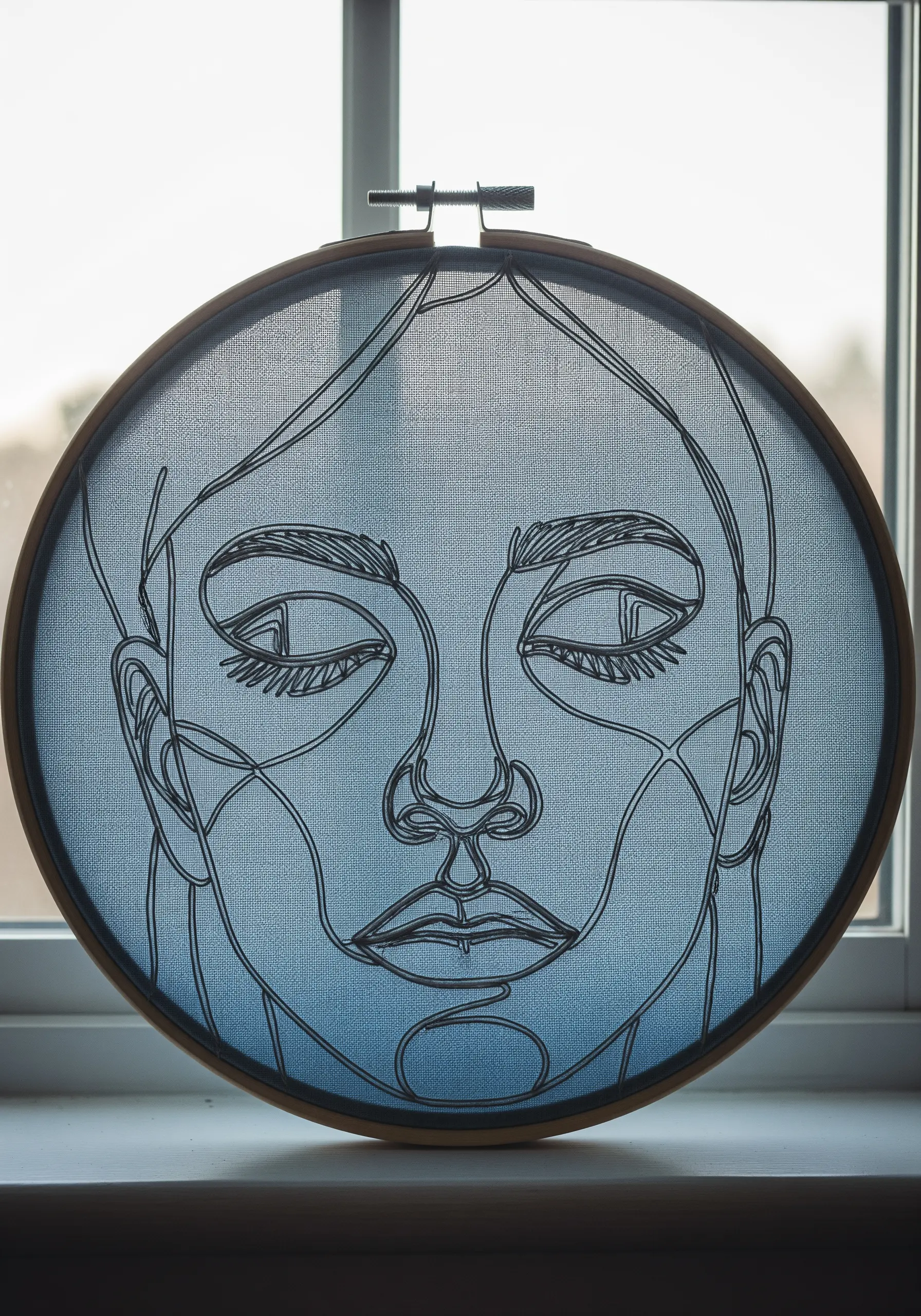 Line-art portrait on sheer fabric held up to a window, creating a silhouette.
