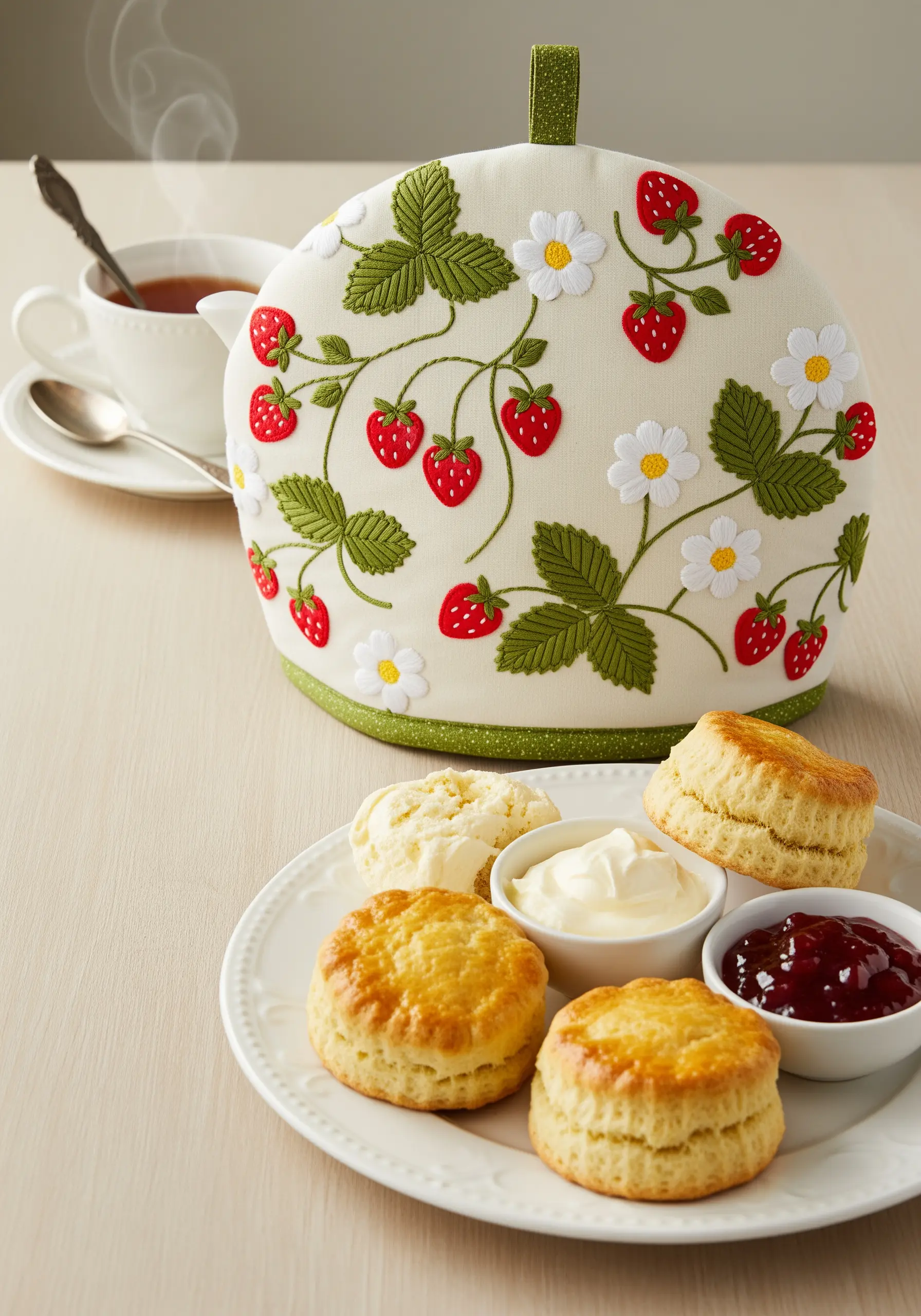 A tea cozy decorated with appliqué strawberries and leaves, with embroidered details.