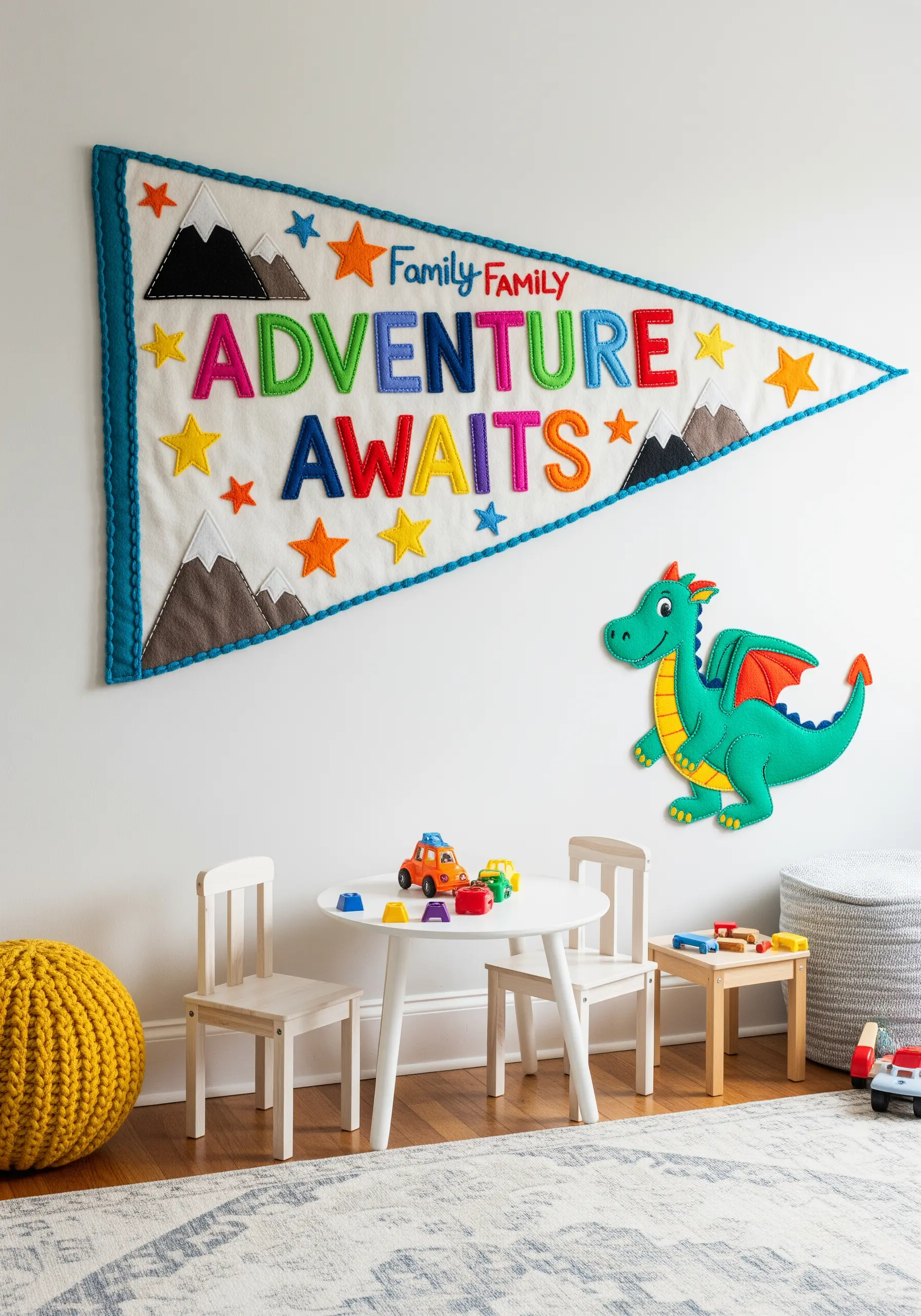 A felt pennant banner for a child's room with appliqué letters reading 'Adventure Awaits'.