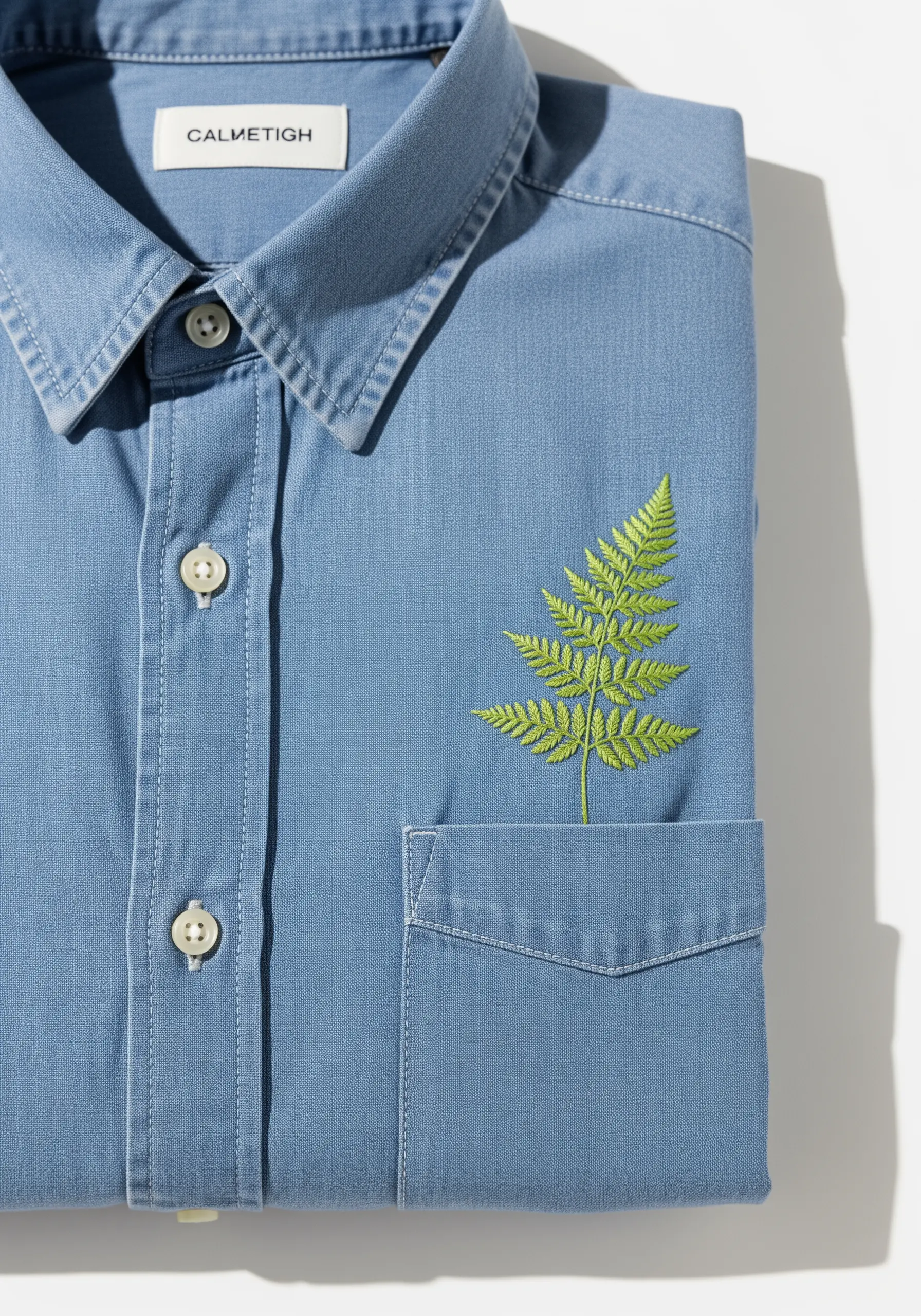 A single green fern embroidered to look like it is peeking out of a blue chambray shirt pocket.