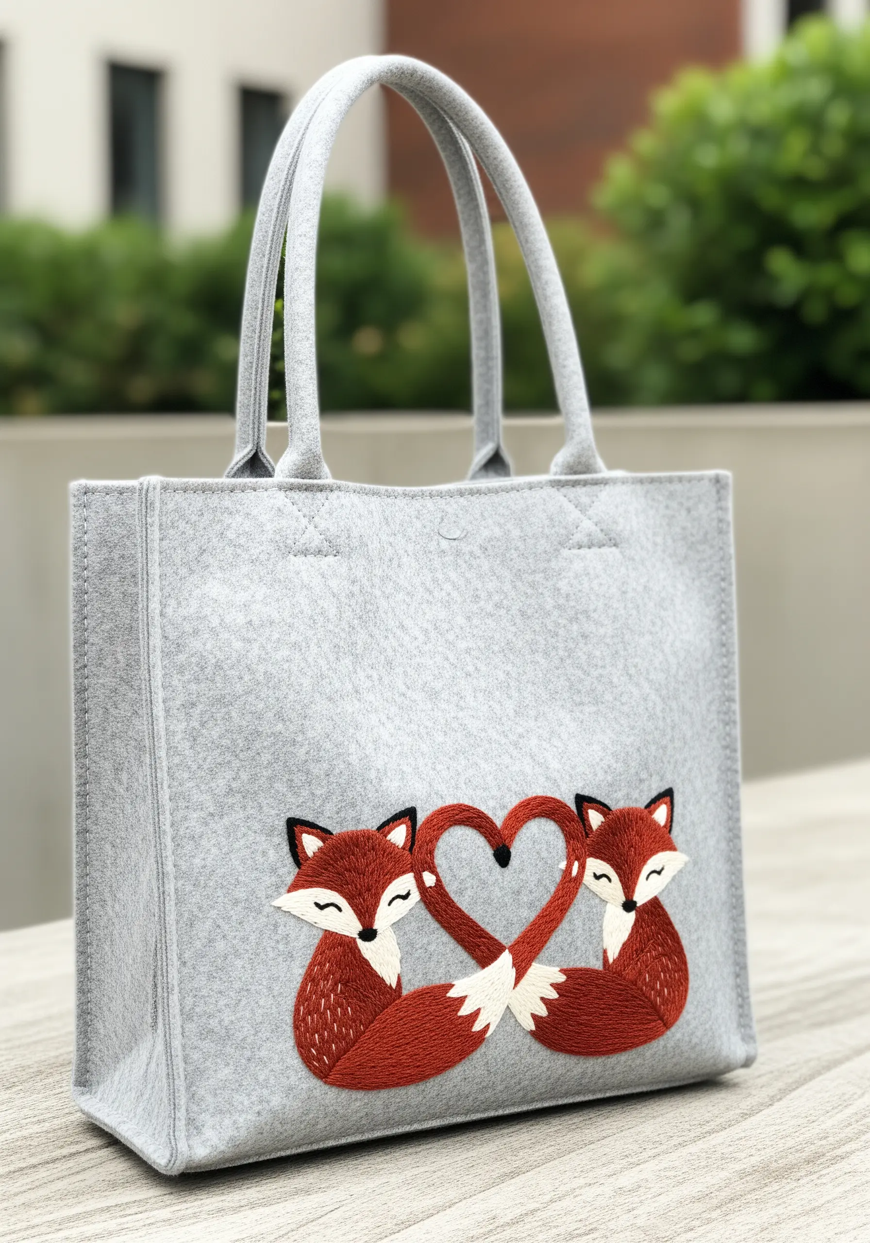 Two embroidered foxes with their tails forming a heart shape on a gray felt tote bag.