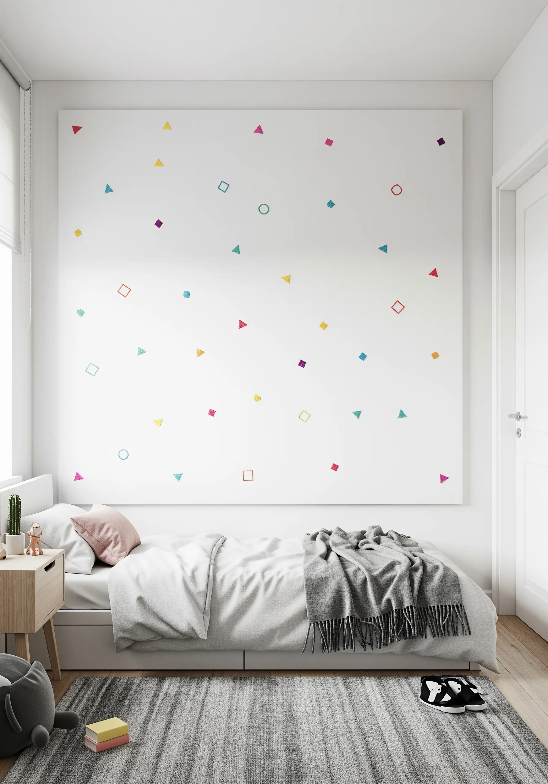 A large white canvas with small, colorful embroidered geometric shapes scattered across it.