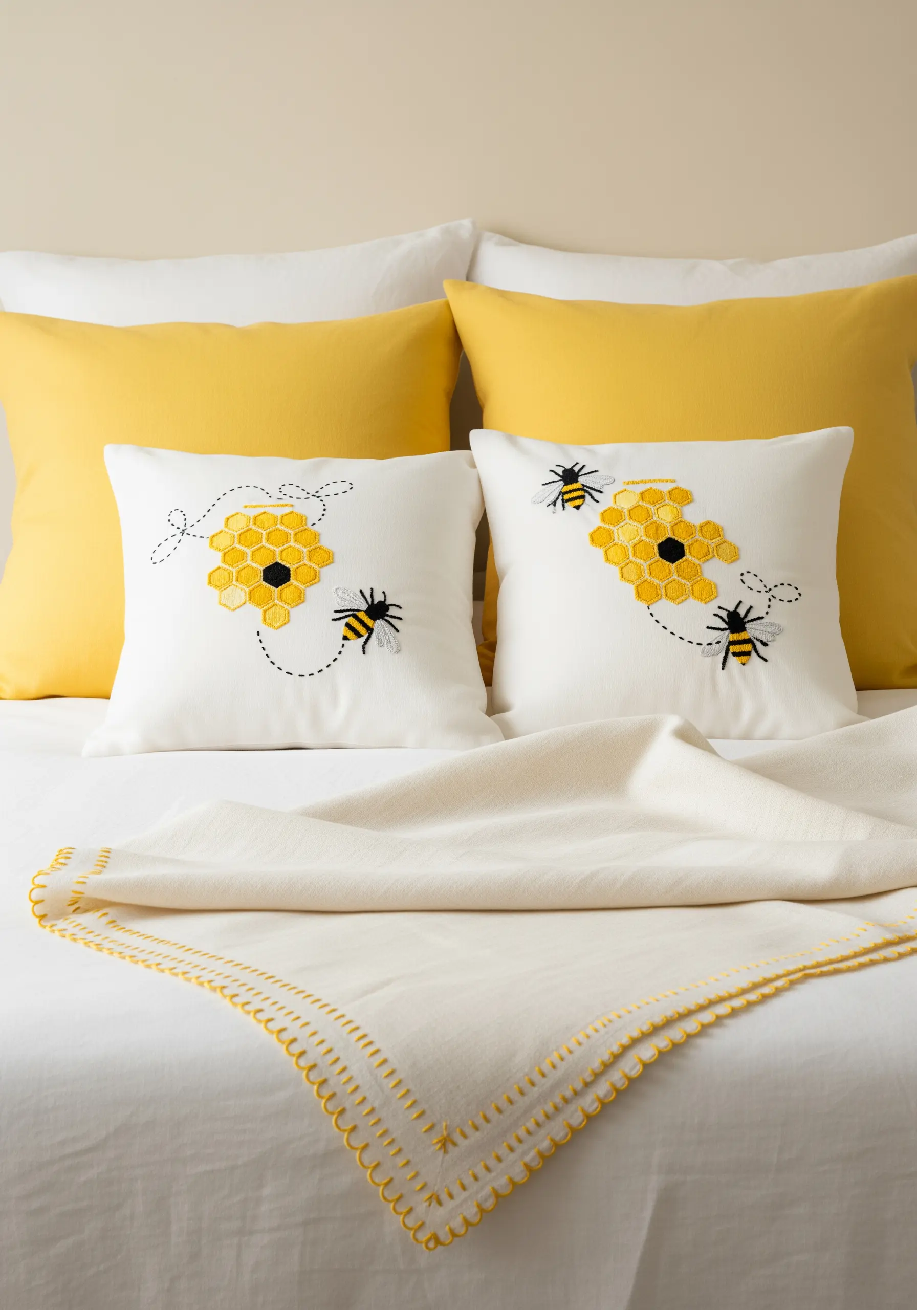 White pillows with embroidered bees and a geometric honeycomb pattern in yellow and black.