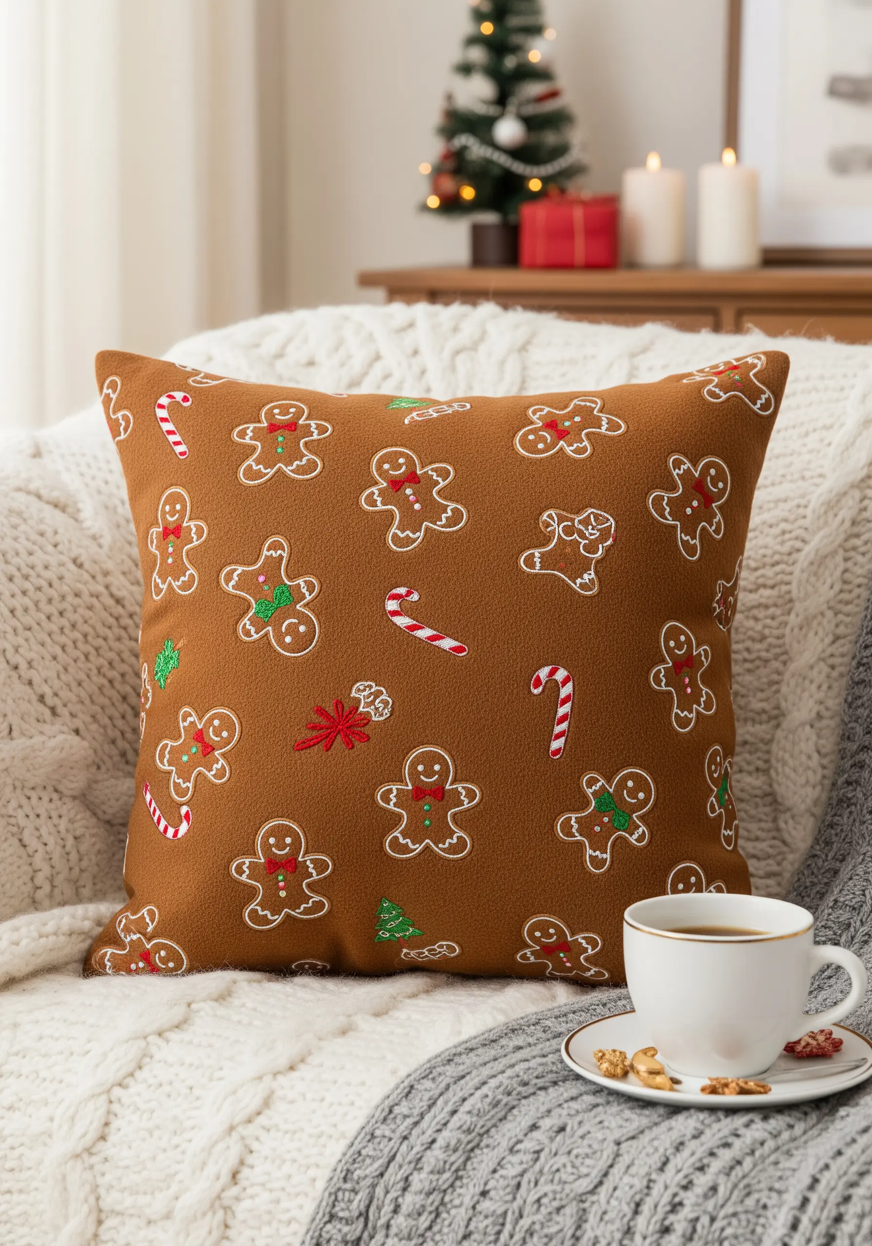 A repeating pattern of embroidered gingerbread men and candy canes.