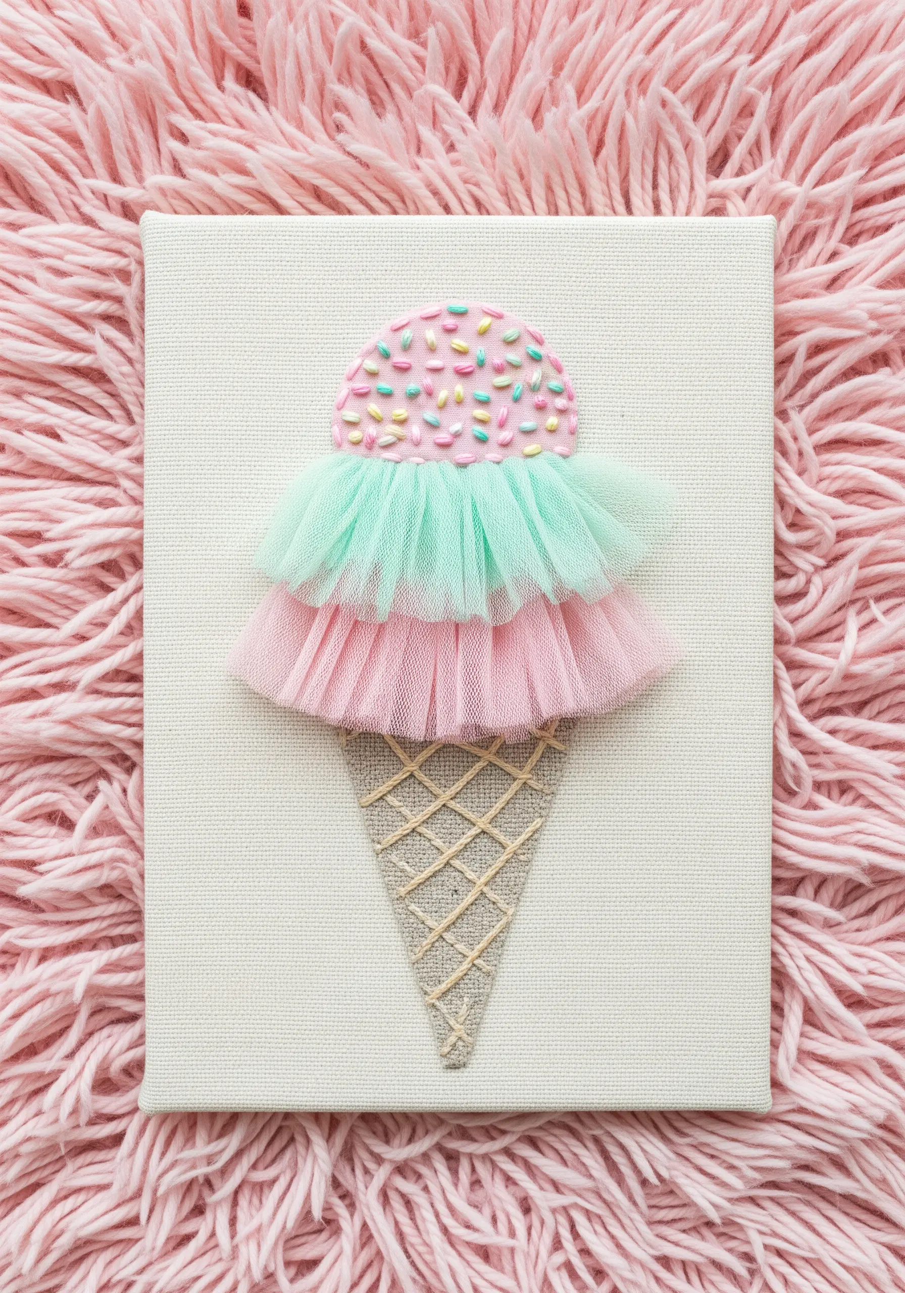 An ice cream cone collage with pink and mint green tulle scoops and beaded sprinkles.
